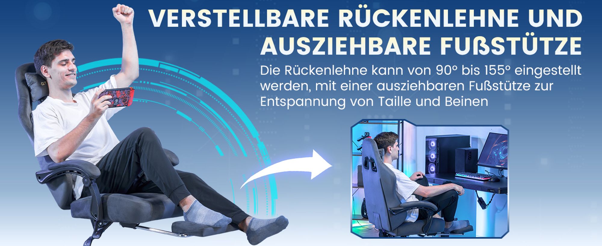 GTPLAYER Gaming Stuhl Ergonomischer Gaming Sessel Schreibtischstuhl Bürostuhl mit Stoffoberfläche Federsitzkissen, Verbindungsarmlehnen, mit Fußstütze