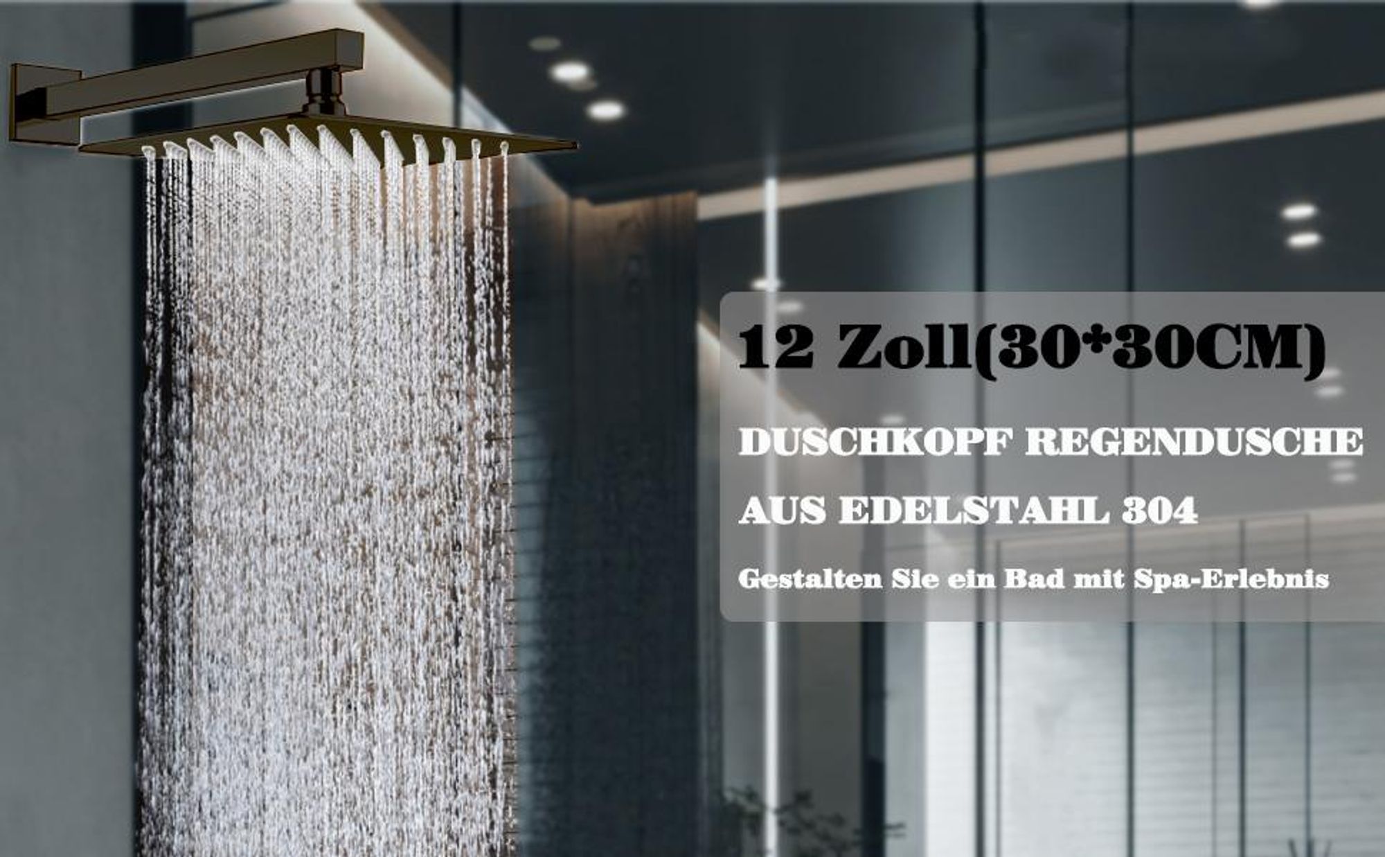 Regendusche Duschkopf, Edelstahl Regenbrause, Regenduschkopf Quadratisch, Anti-Kalk-Düsen, 30cm