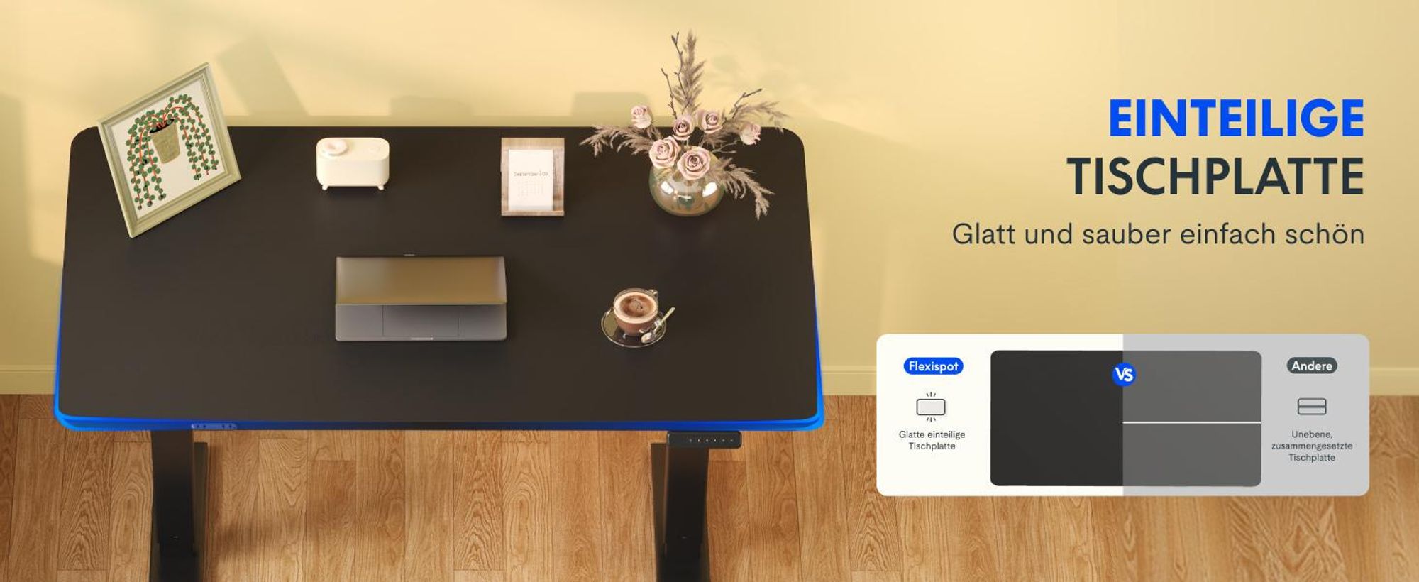 FLEXISPOT QE1 Höhenverstellbarer Schreibtisch 120x60cm EINTEILIGE TISCHPLATTE, 4 Memory-Funktion, Antikollisionsschutz, Haken&Kabelmanagement(Schwarz)