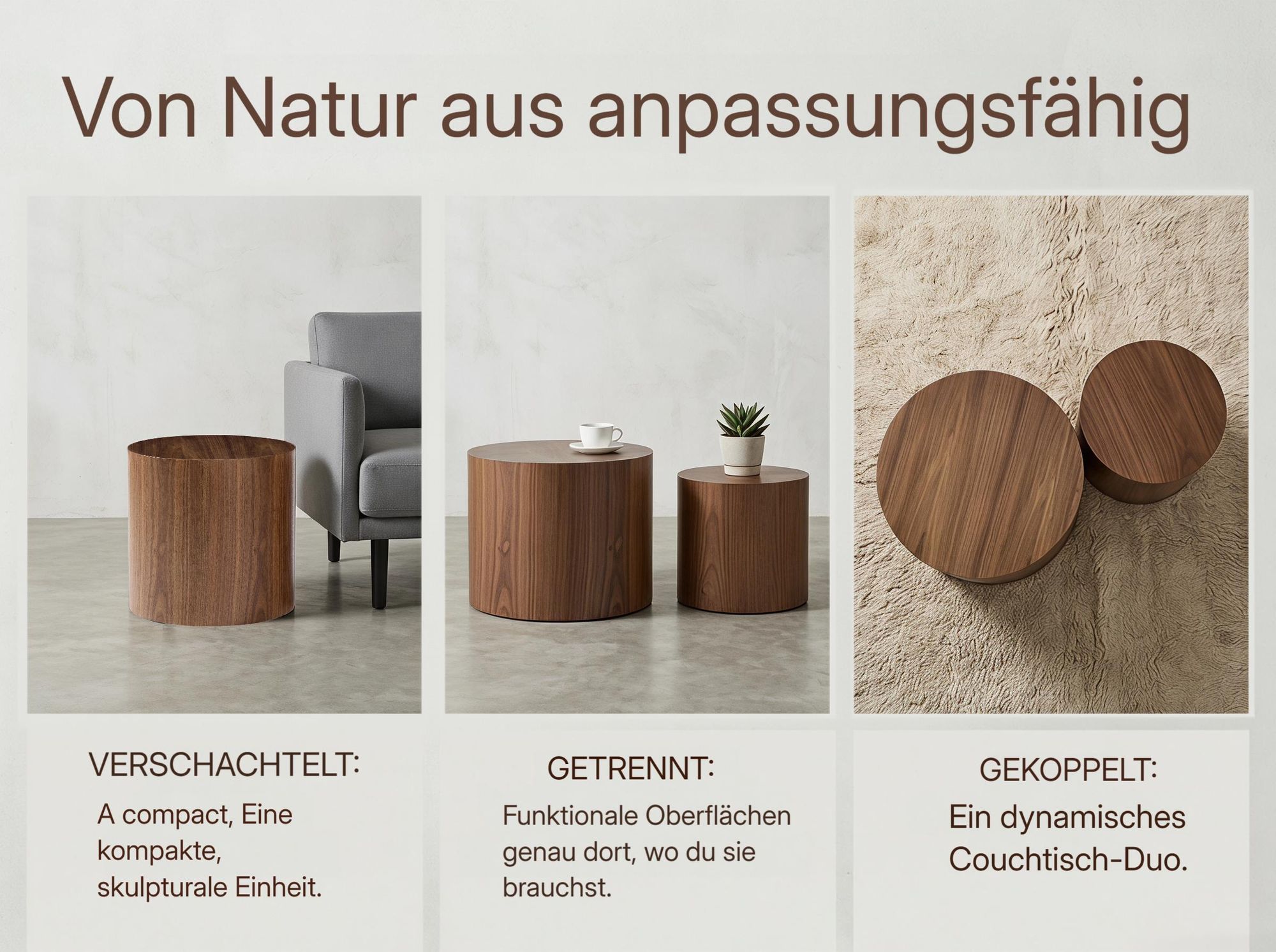 williamspace Holzoptik Beistelltisch-Set aus 2, MDF mit Echtholzfurnier, rund & platzsparend, Nussbaumfarbe