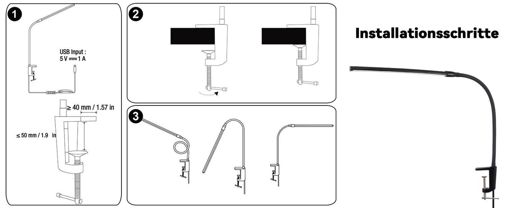 ZMH Schreibtischlampe LED Tischleuchte Dimmbar Klemmbar Tischlampe Schwarz Arbeitsleuchte Schreibtisch 5W Schreibtischleuchte Bürolampe Tageslichtlampe Büro Klemmleuchte mit Ladefunktion