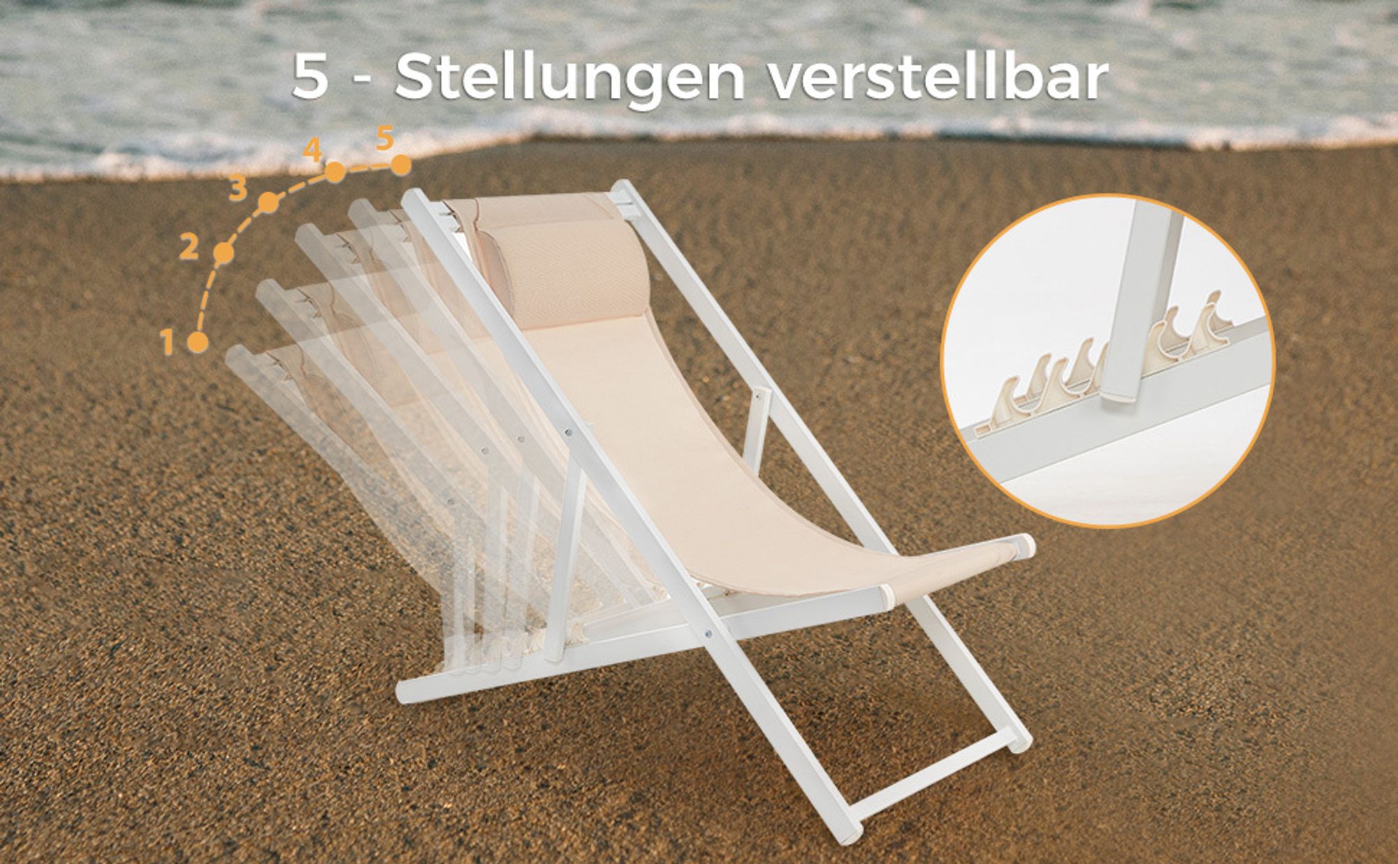 Mondeer 2er Set Sonnenliegen Gartenliege klappbar mit verstellbarer Kopfstütze Weiß und Beige