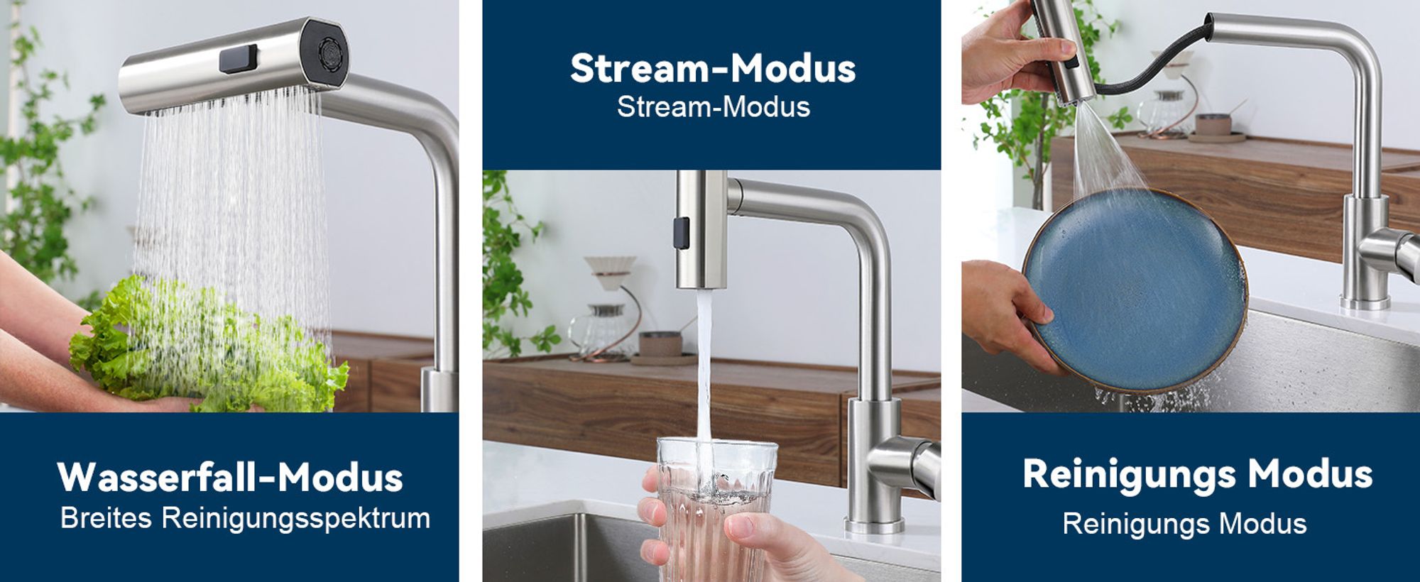 ZMH Wasserhahn Küche Küchenarmatur Ausziehbar Waterfall Mischbatterie mit Brause Spültischarmatur 360° Drehbar Armatur mit 3 Strahlarten Spüle Küchenwasserhahn Gebürsteter Nickel Edelstahl
