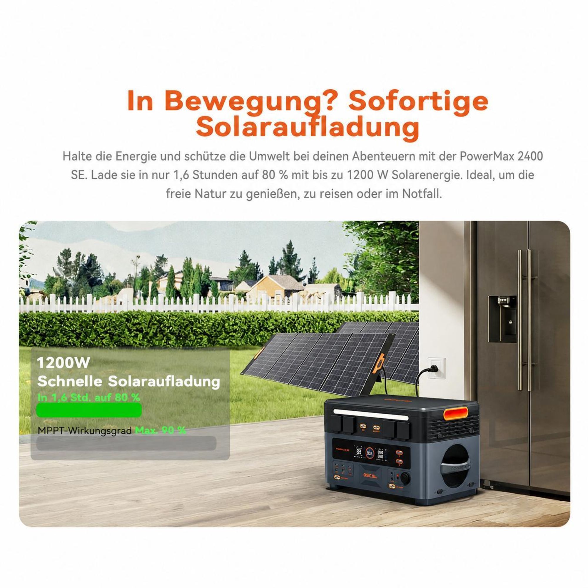 OSCAL PowerMax 2400 SE Trennbare Solarspeicher 2400W Powerstation mit Stereo, Microinverter + PM400Pro Faltbares Solarpanel 400W Mobile Solaranlage