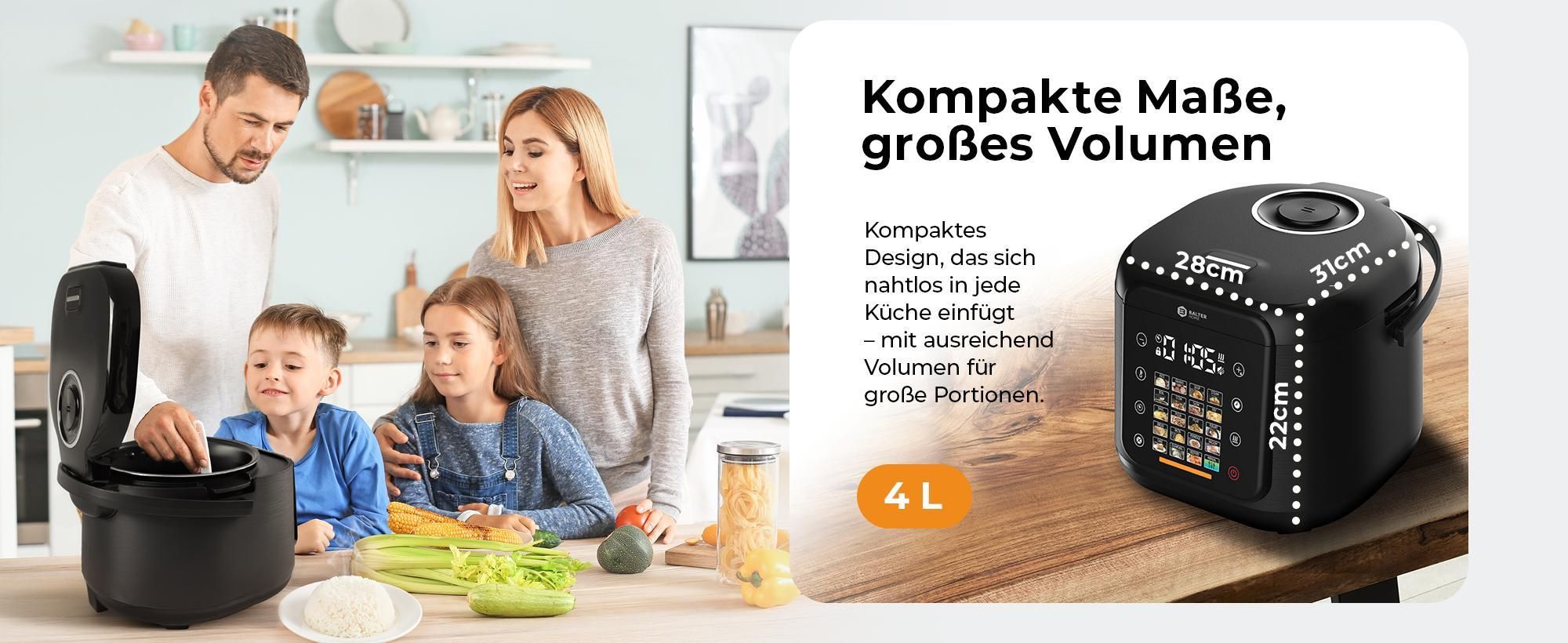 Balter Reiskocher, Multikocher, 4L mit 20 Programmen & Warmhaltefunktion, Dampfgarer, Touch-Bedienfeld, Fuzzy Logic, Premium-Topf, Klein, Schwarz