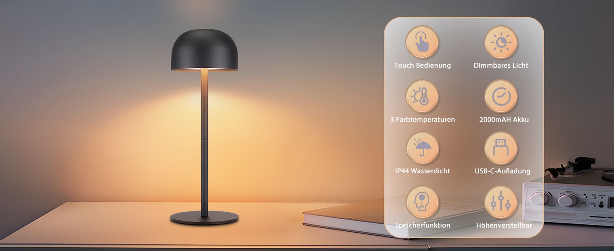 ZMH 2ER nachttischlampe Touch Dimmbar Akku Tischlampe Schwarz Kabellos LED Tischleuchte USB Aufladbar mit 3 Farbtemperaturen Höhenverstellbar