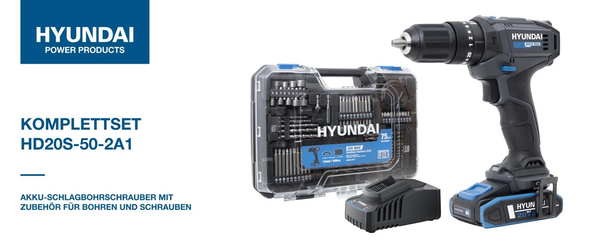 HYUNDAI Akku-Schlagbohrschrauber 20V, 50 Nm – Set inkl. Akku, Ladegerät & 75-teiligem Zubehör – mit Metallgetriebe & 13 mm Bohrfutter – sofort einsatzbereit für Holz, Metall & Beton