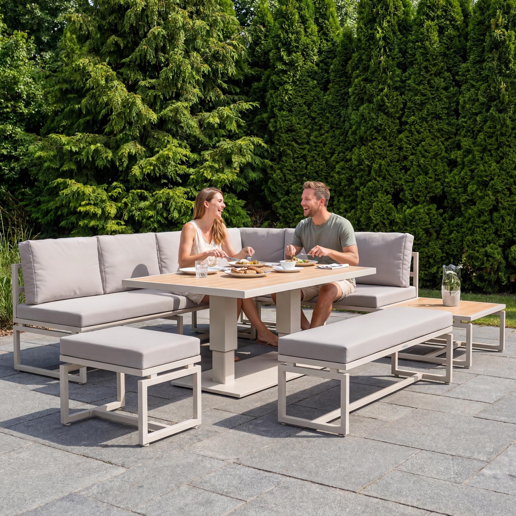 di volio Gartenmöbel Set MERUZO, Sitzgruppe Outdoor mit höhenverstellbarem Tisch, Gartengarnitur 6-teilig mit Sofa, Ecksofa und Bank, wetterfest, Beige