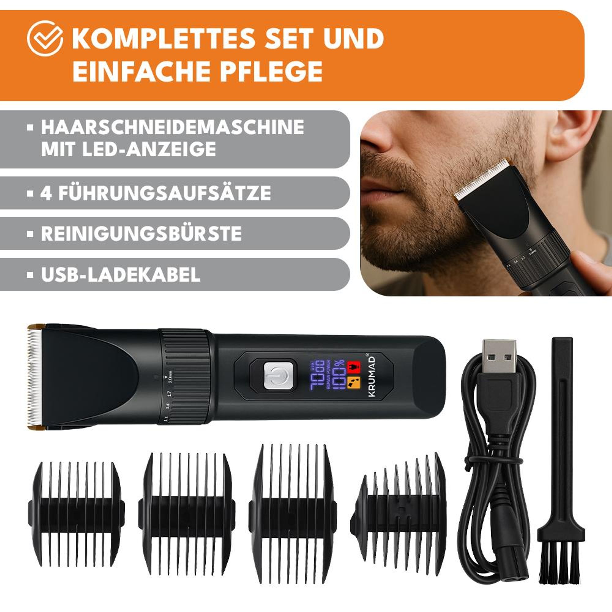 KRUMAD Haarschneidemaschine Herren - Professioneller Haarschneider mit LCD-Display, 4 Geschwindigkeiten, Keramikklinge & USB-Aufladung