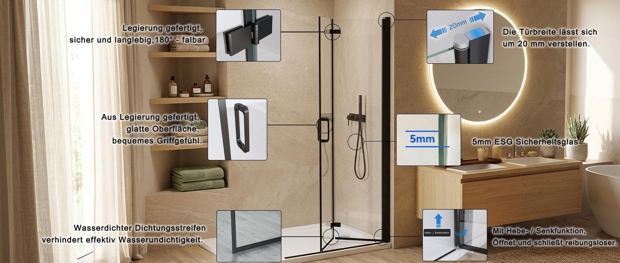 MIQU Nischentür 80 x 185 cm Walk in Duschabtrennung Faltbar Duschwand für Dusche Matt Schwarz Pendeltür Falttür Duschtür aus ESG Glas Rahmenlos