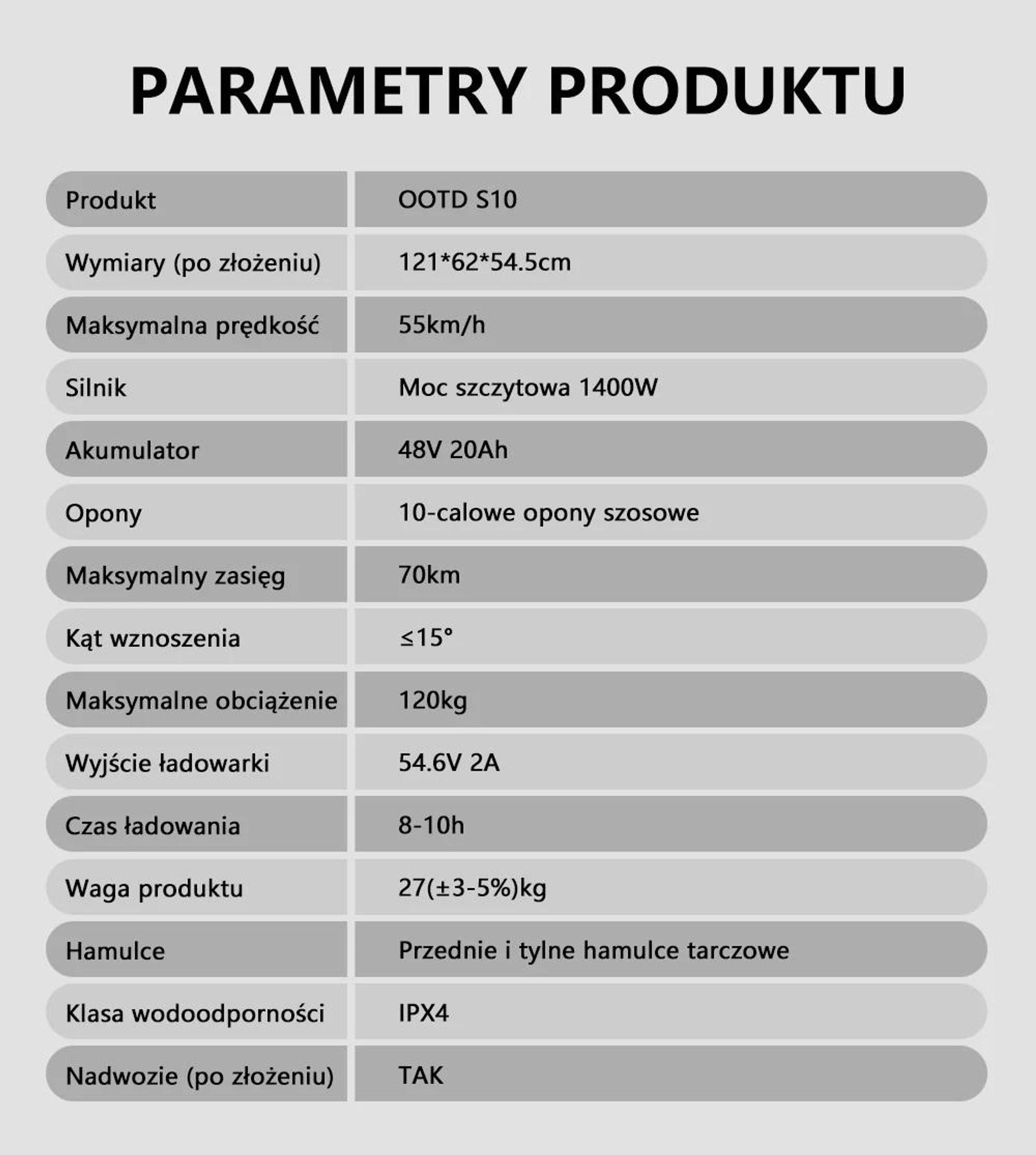 Hulajnoga Elektryczna OOTD S10 - silnik 1400W Bateria 48V20AH Opony 10" Hamulec Tarczowy - Czarna
