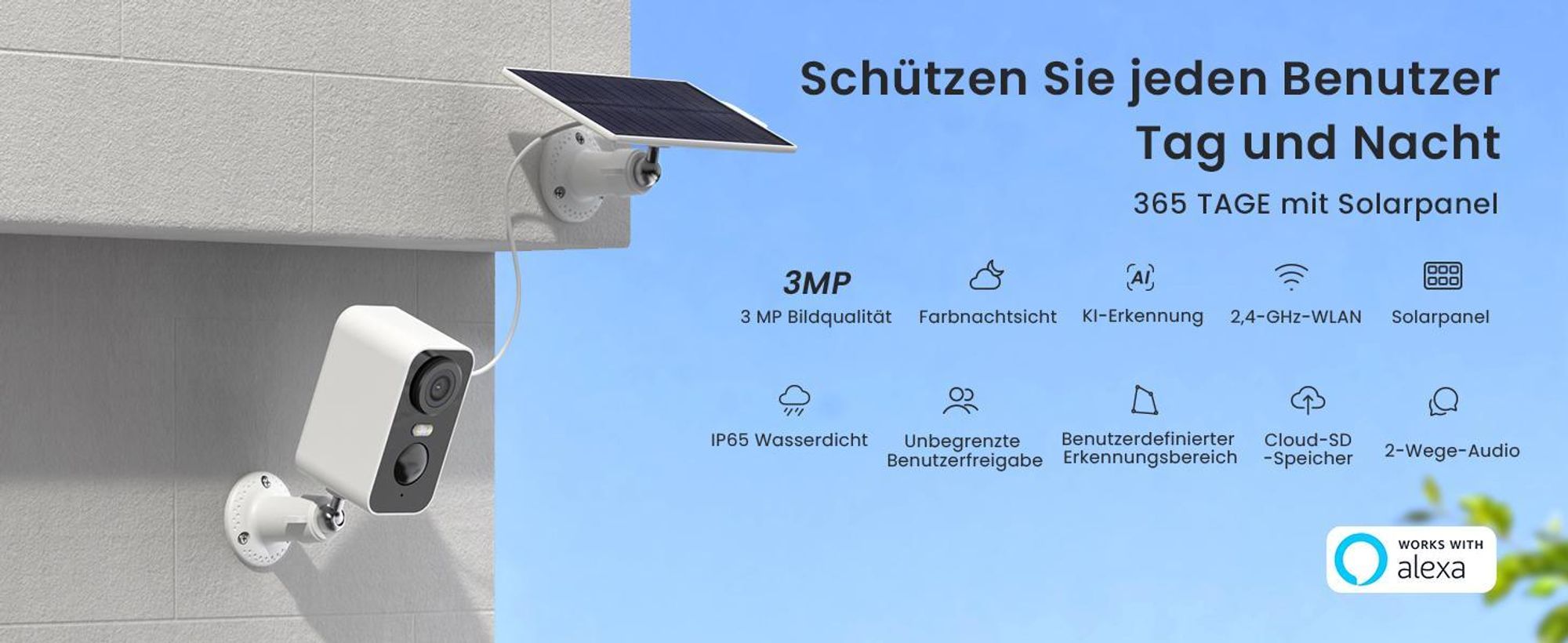 Überwachungskamera Aussen Solar Akku 2,4 GHz WLAN Aussenkamera Outdoor mit PIR-Bewegungserkennung 64GB