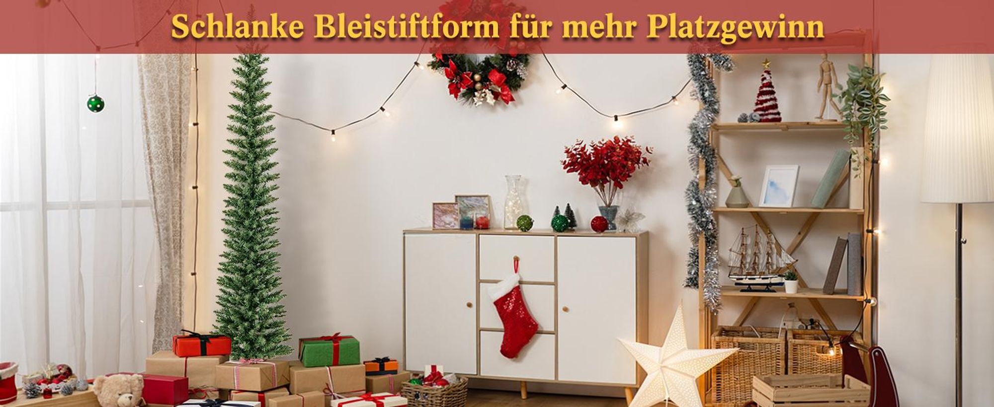 COSTWAY 180cm künstlicher Weihnachtsbaum Bleistift, Tannenbaum mit Beleuchtung, LEDs in Warmweiß, schlanker Christbaum für Weihnachten, Kunstbaum mit Metallständer, Grün