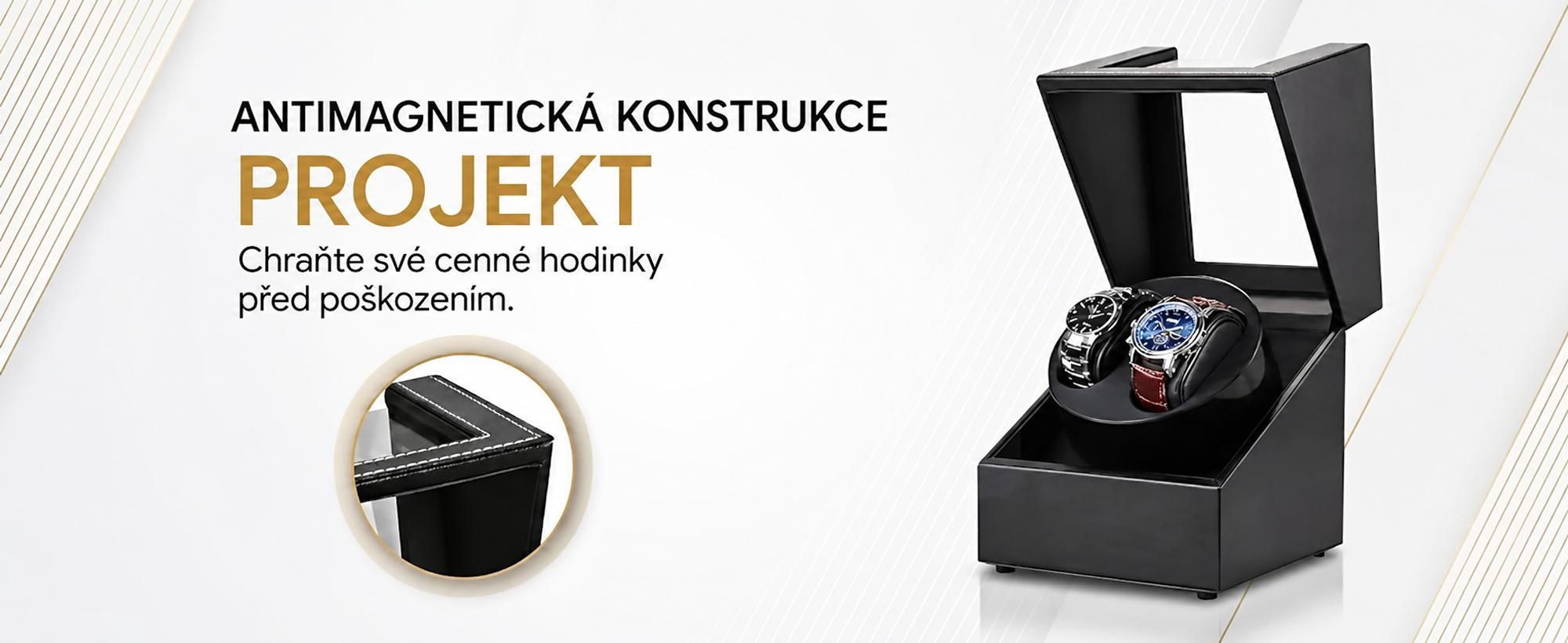 Olvy natahovač hodinek pro 2 hodinky, extrémně tichý motor, natahovač hodinek černý lak s LED osvětlením, natahovač hodinek