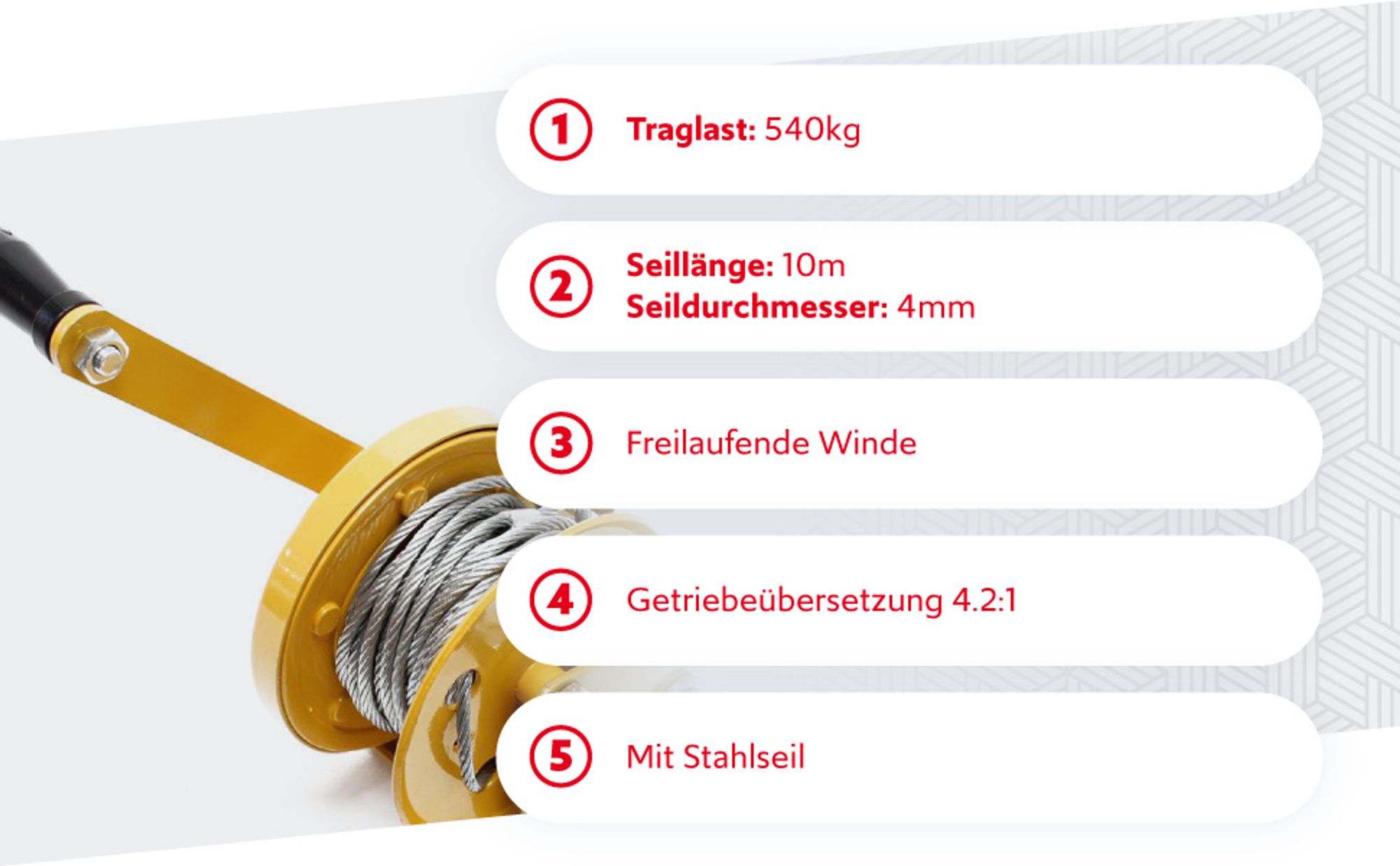Wiltec Handseilwinde bis 540kg Übersetzung 4,2:1 170x210x210mm, Winde mit 10m Drahtseil, Seilwinde handbetrieben, Handseilzug effizient, Forstseilwinde