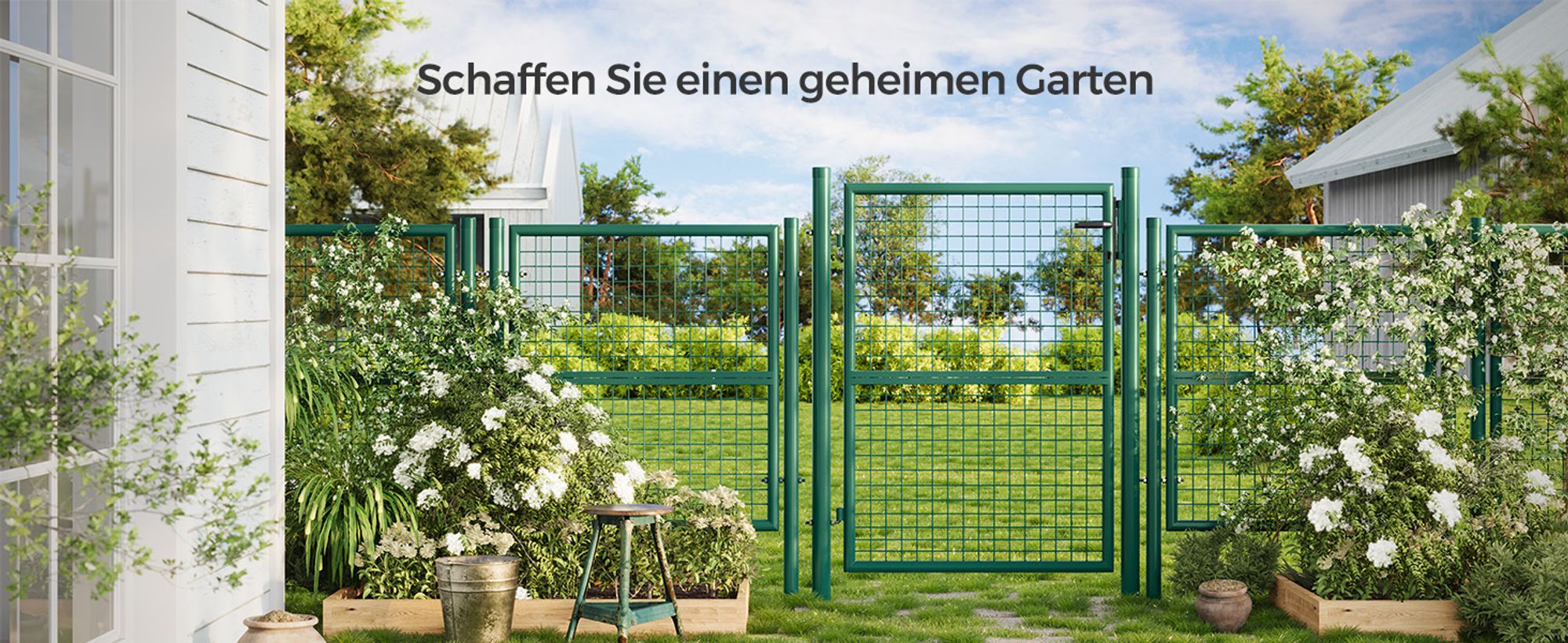 SONGMICS Gartentor, Gartentür, verzinkter Stahl, abschließbar, 106 x 125 cm, grün
