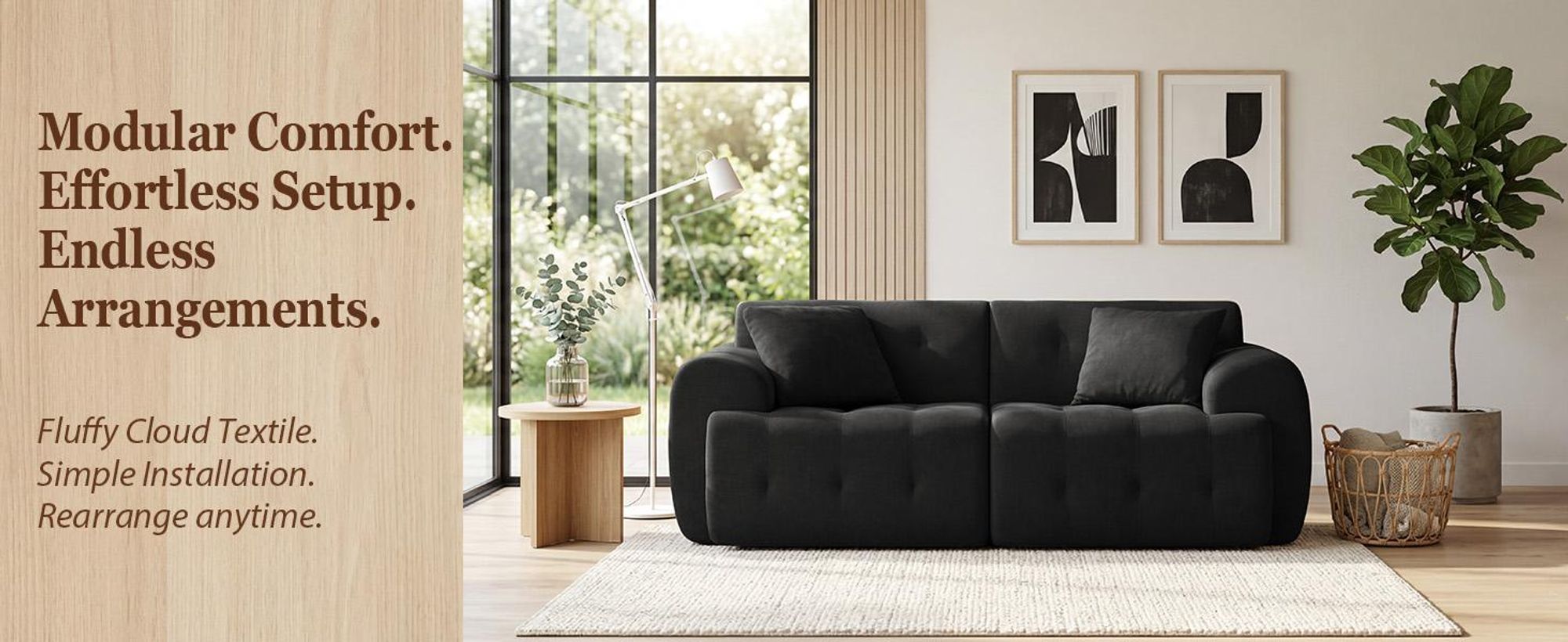 Divano COMHOMA a 2 posti, 180 x 86 x 40 cm, divano a terra, divano con schienale, cuscini e braccioli, divano moderno in tessuto per soggiorno, casa, ufficio, nero