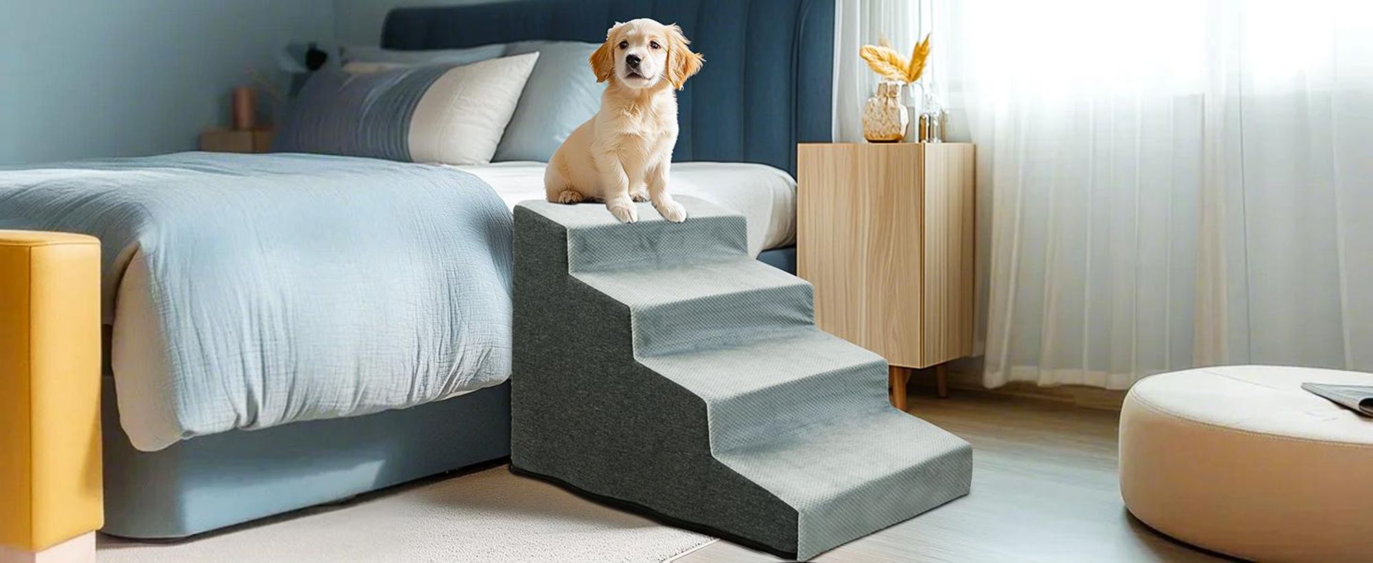 WISFOR 4-stufige Hundetreppe, Rutschfeste Haustierrampe Treppen, Abnehmbarer Bezug, Hundestufen mit hochdichtem Schwamm