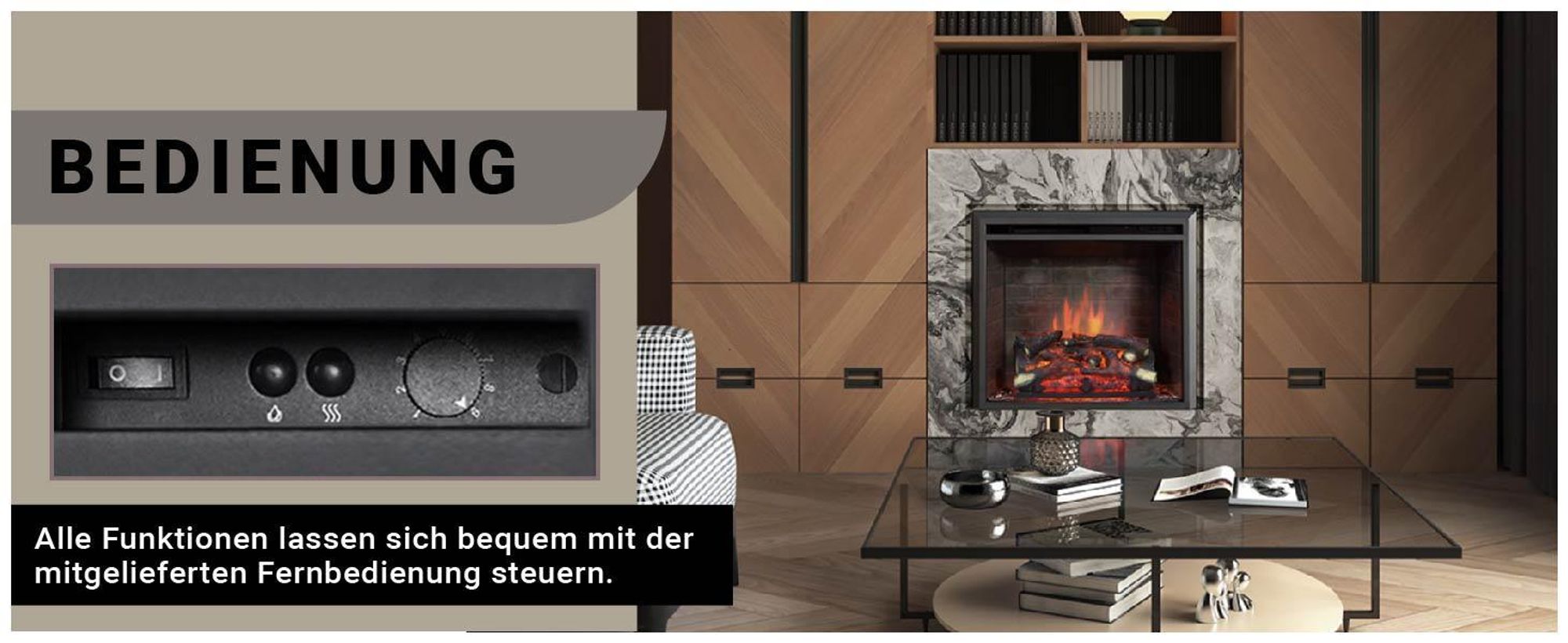 Elektrokamin Einbaukamin BALDERIA Calida 26 – Heizung bis 2000 W, schwarz