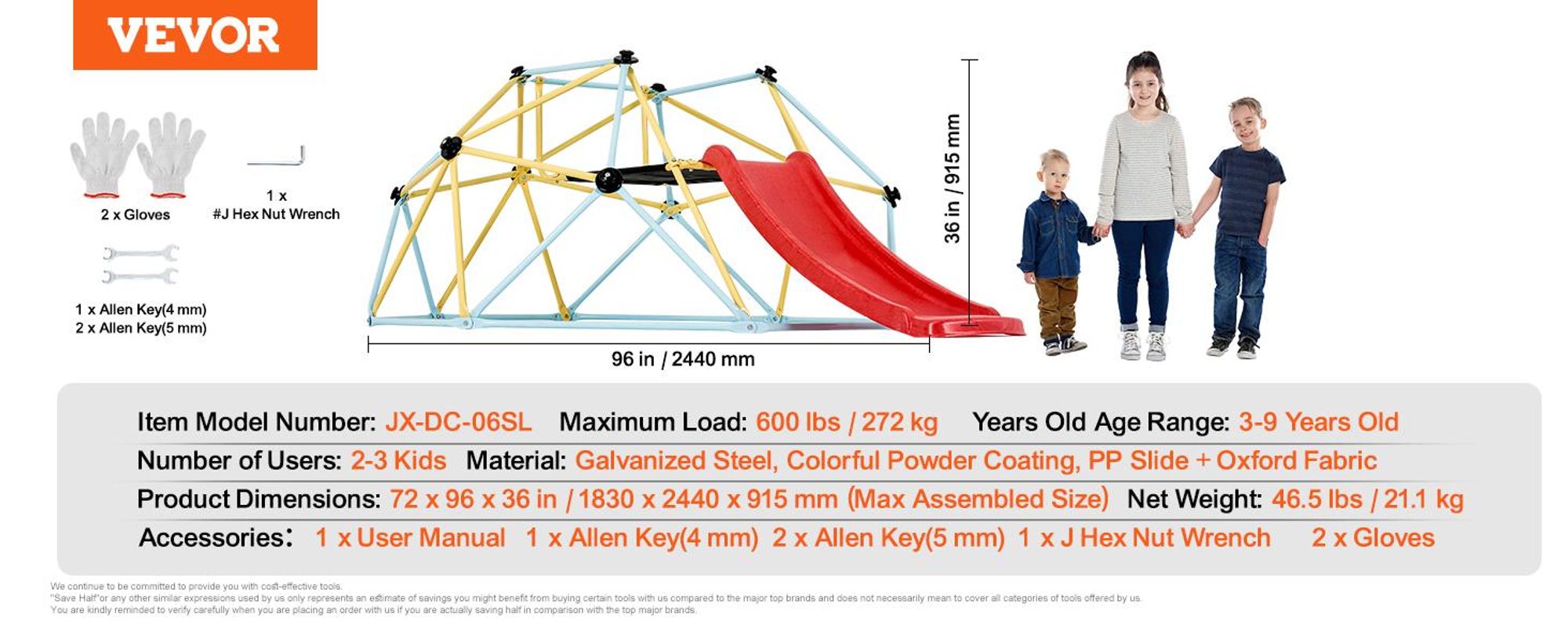 VEVOR Kletterkuppel, 2,44 m geometrisches Klettergerüst mit Rutsche, für Kinder von 3 bis 9 Jahren, Klettergerüst 272 kg Tragfähigkeit, mit Klettergriff, Indoor-/Outdoor-Spielgerät ideal Hinterhof