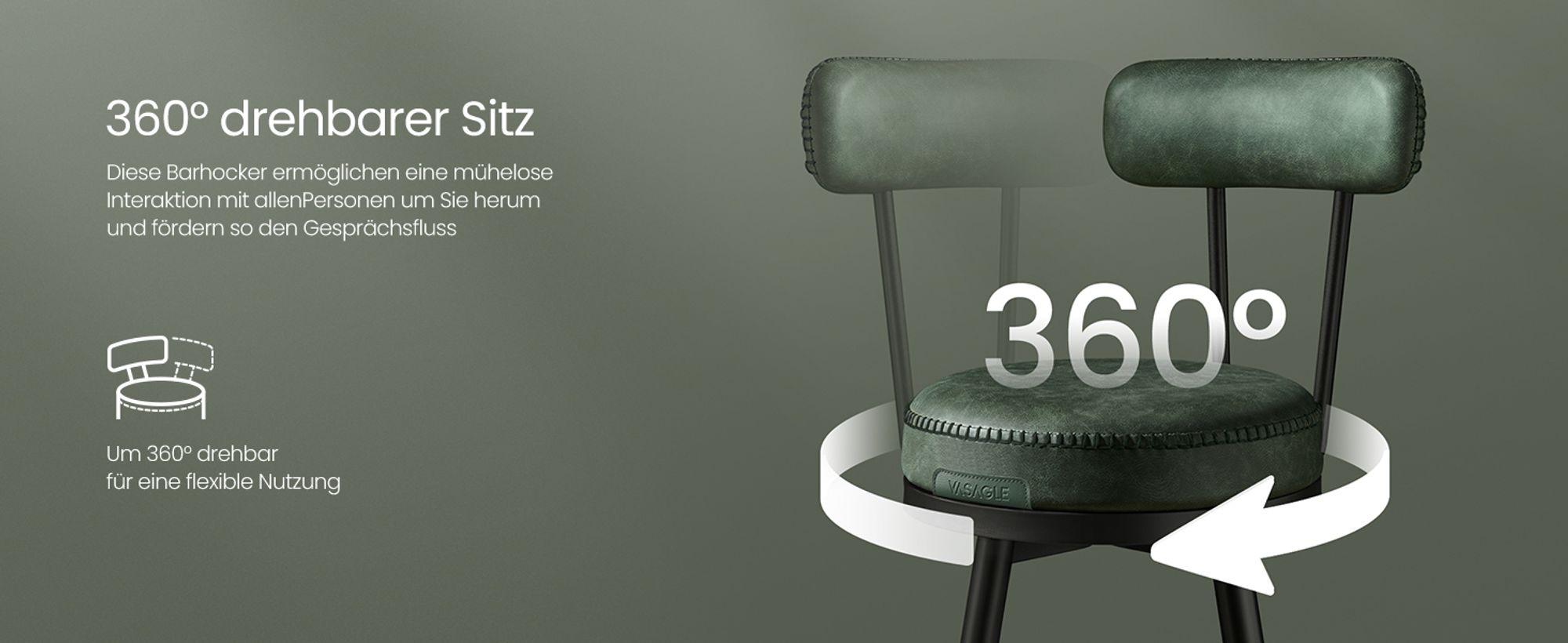 VASAGLE EKHO Kollektion - 360° drehbarer Barhocker, 2er Set, Hocker mit Rückenlehne für Kücheninse
