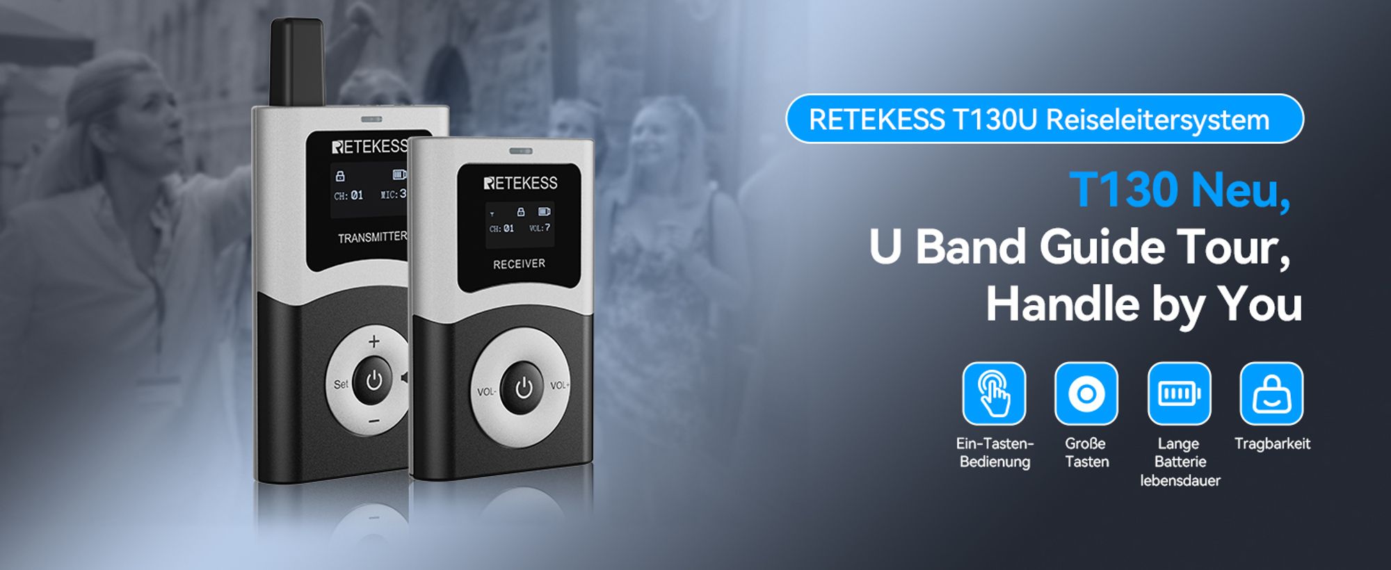 Retekess T130U Kabelloses Tour Guide System, Tour Guide Mikrofon und Lautsprecher, Klare Klangqualität, 200m, EIN-Tasten-Bedienung, für Outdoor-Reisen