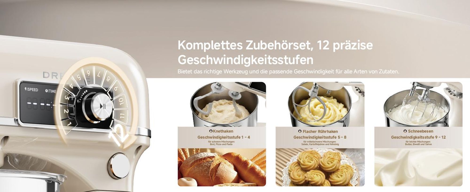 Dreame MX60 Standmixer mit patentiertem Doppelteighaken,leisem 800W,Intelligent Digitalanzeige,12 Geschwindigkeitsstufen,6-Liter Rührschüssel,creme