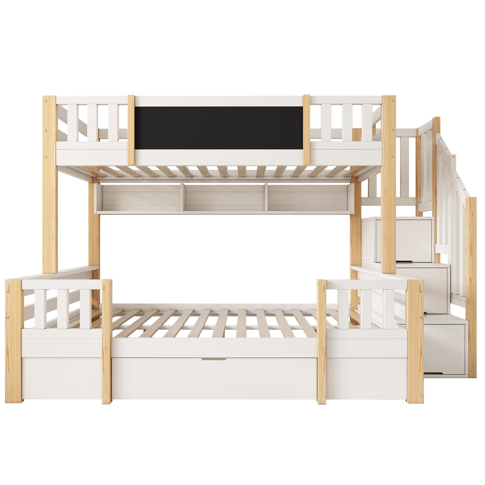 Flieks Etagenbett 90x200cm/140x200cm, Kinderbett Hausbett mit Kreidetafel, Hochbett mit Treppe und Schubladen, Stockbett für 2 Kinder, Naturbelassen