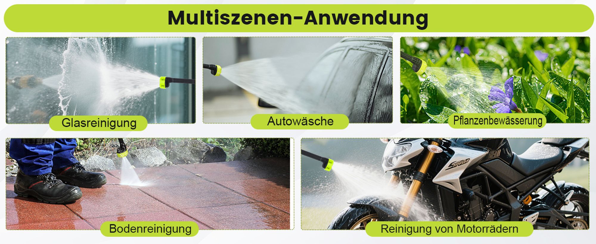 Akku Hochdruckreiniger, Tragbarer Hochdruckreiniger mit 2x 1500mAh Akkius, 6-in-1 Düse & 5M Schlauch für Auto, Terrasse, Garten, Zaun, Pool