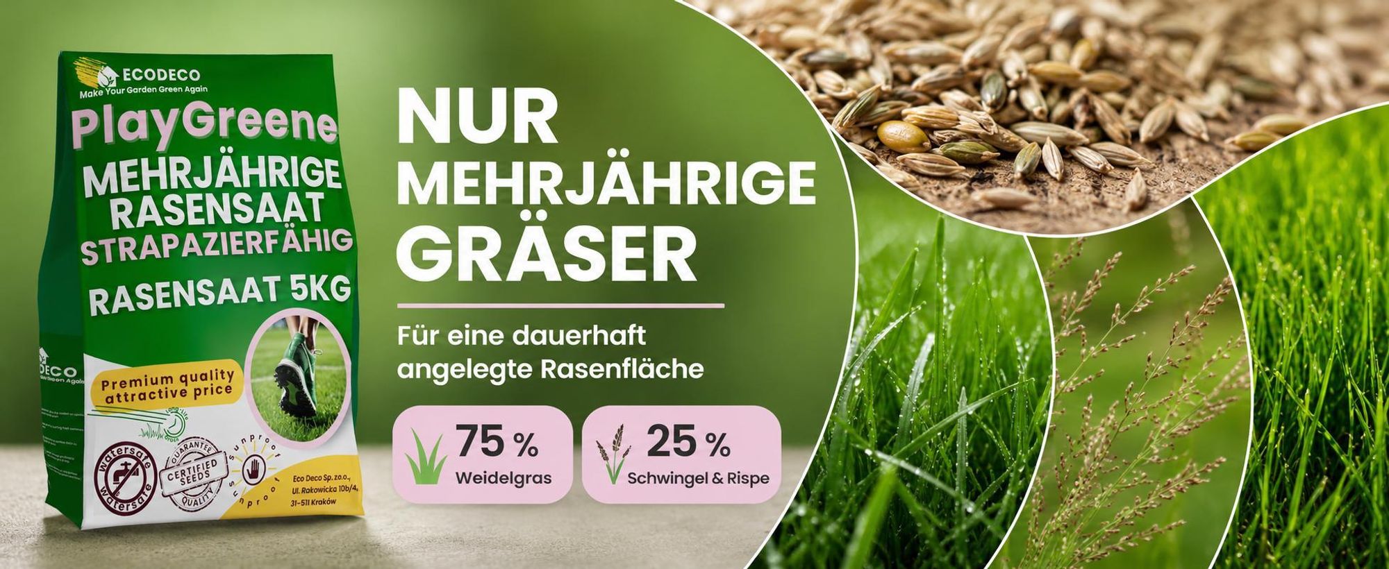 EcoDeco Rasensamen 5kg Sport und Spielrasen, schnellkeimender Rasensamen, selbstverdichtend, strapazierfähig, Rasenreparaturmischung