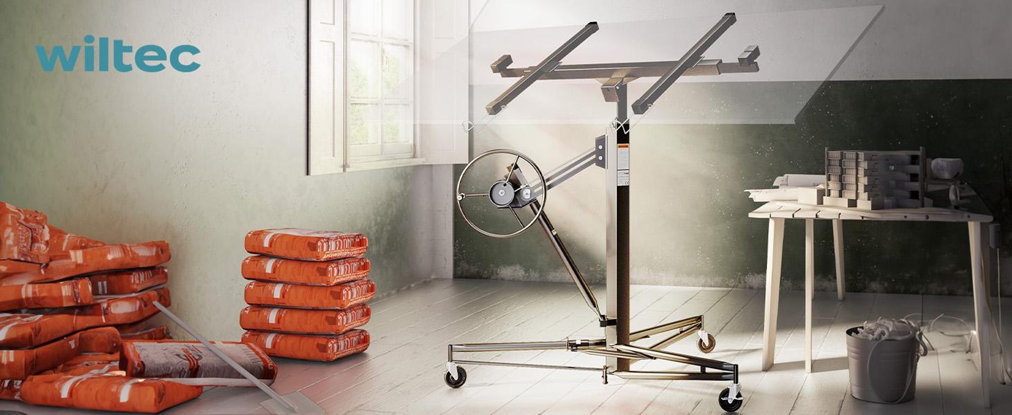 Wiltec Plattenheber bis max. 75 kg, Höhe 145-350 cm, Montagehilfe für Trockenbau, Paneelheber neigbar mit 4 Rädern mit Feststellbremse