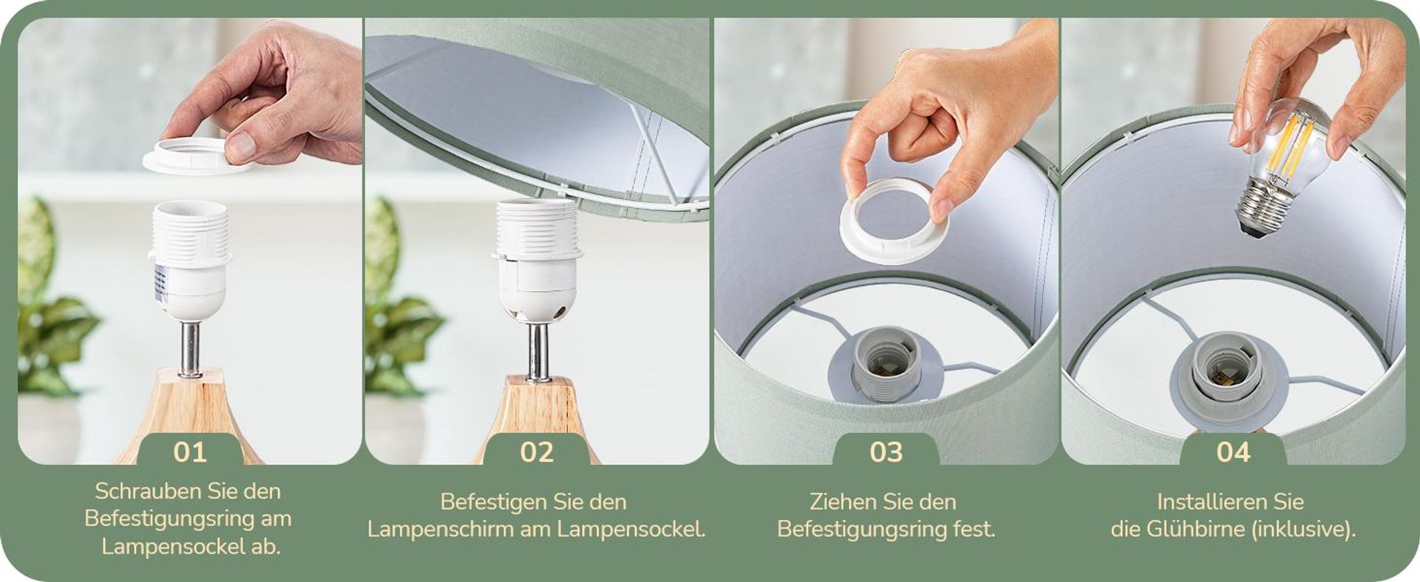 EDISHINE Nachttischlampe Wohnzimmer ,Tischleuchte mit Leinen-Lampenschirm, Holz