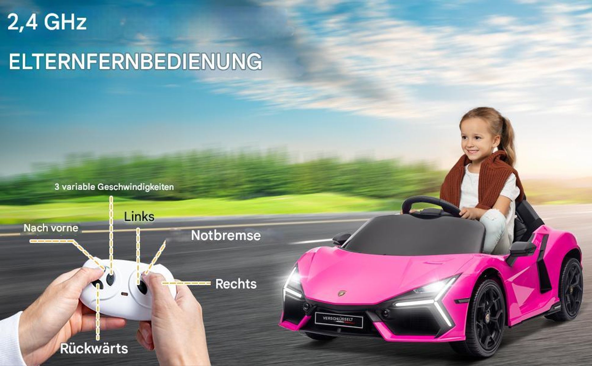 Lamborghini Revuelto, 12V Kinder-Elektroauto mit 2.4GHz Fernbedienung, drei Geschwindigkeitsstufen, Rosa