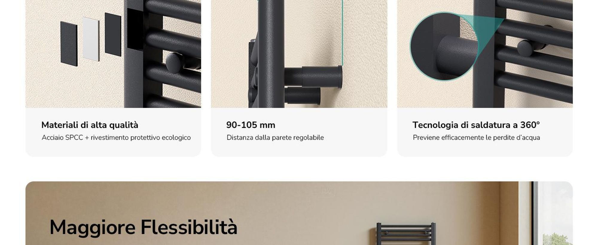 EMKE Radiatore da bagno Asciugamano Scaldasalviette 40x100cm 356 Watt Antracite Radiatore da bagno Attacco medio senza elemento riscaldante