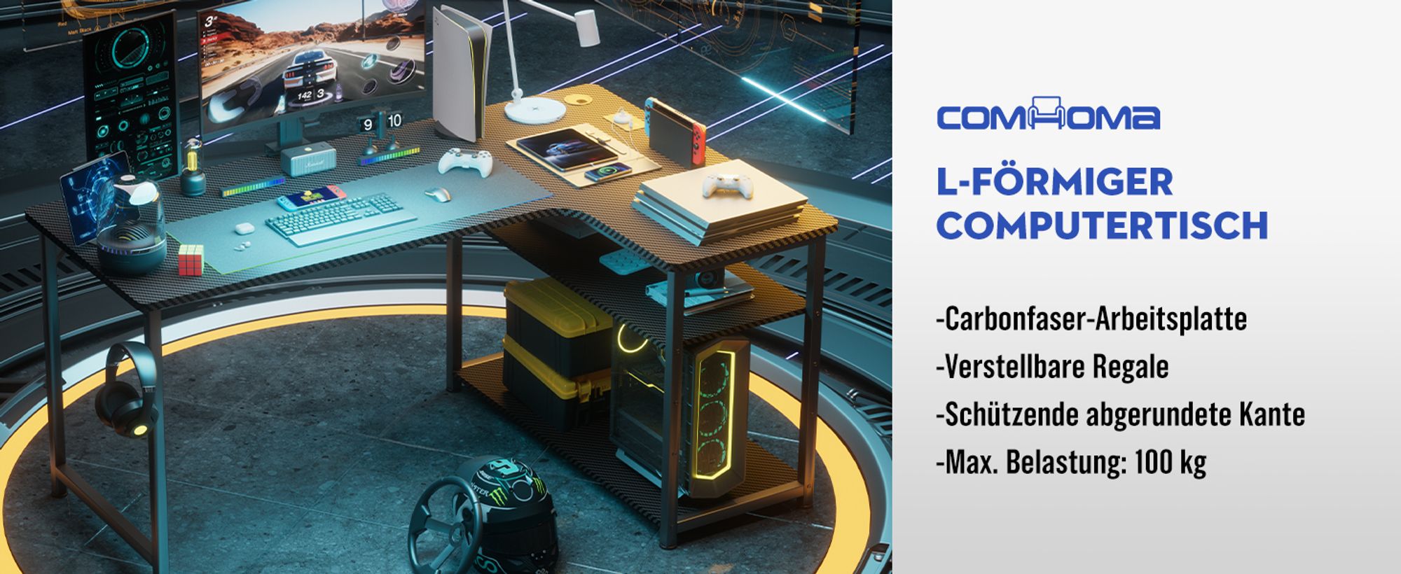 GTPLAYER Eckschreibtisch Schreibtisch Gaming Tisch mit Regal USB-Ladeanschluss und Steckdose (1 Tisch), 120cm Computertisch L Form, PC Tisch für Büro,