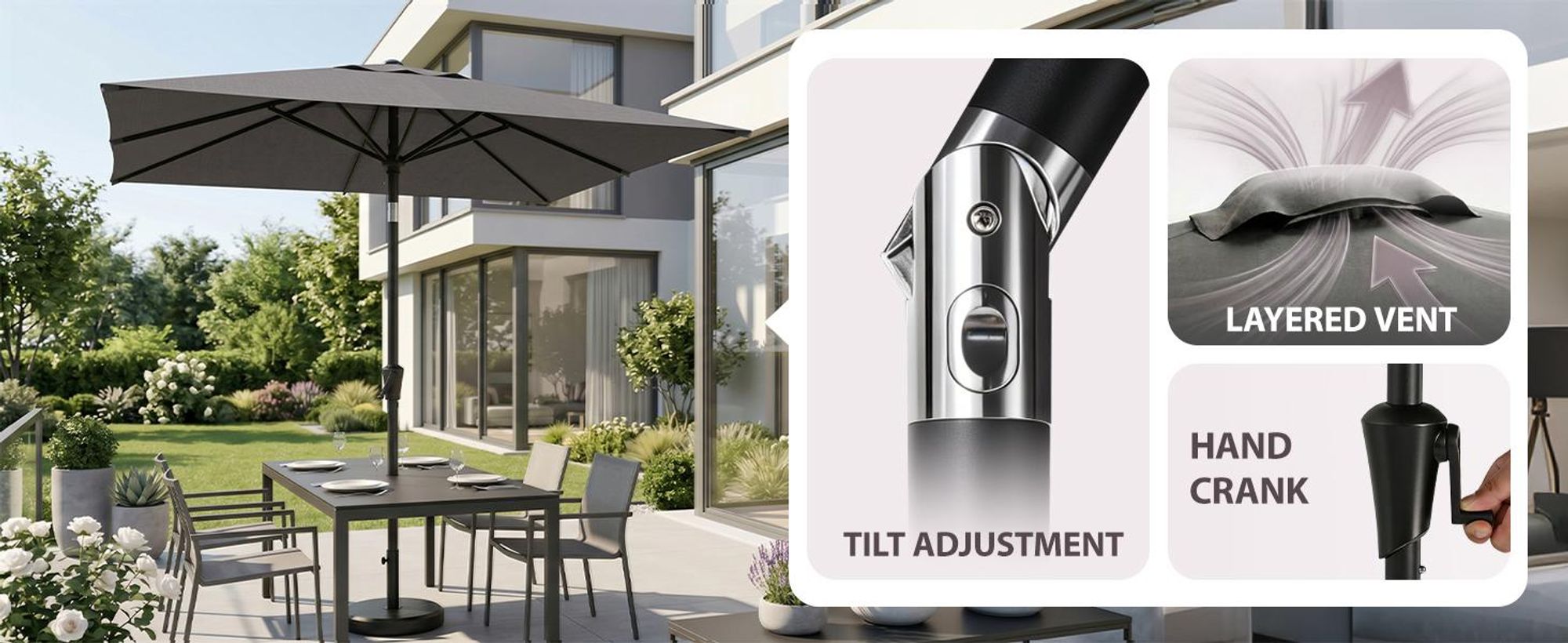 Sekey Rechteckiger Sonnenschirm 200 x 140 cm, Balkonschirm & Terrassenschirm mit Kurbel, UV50+ Sonnenschutz für Garten, Balkon und Terrasse
