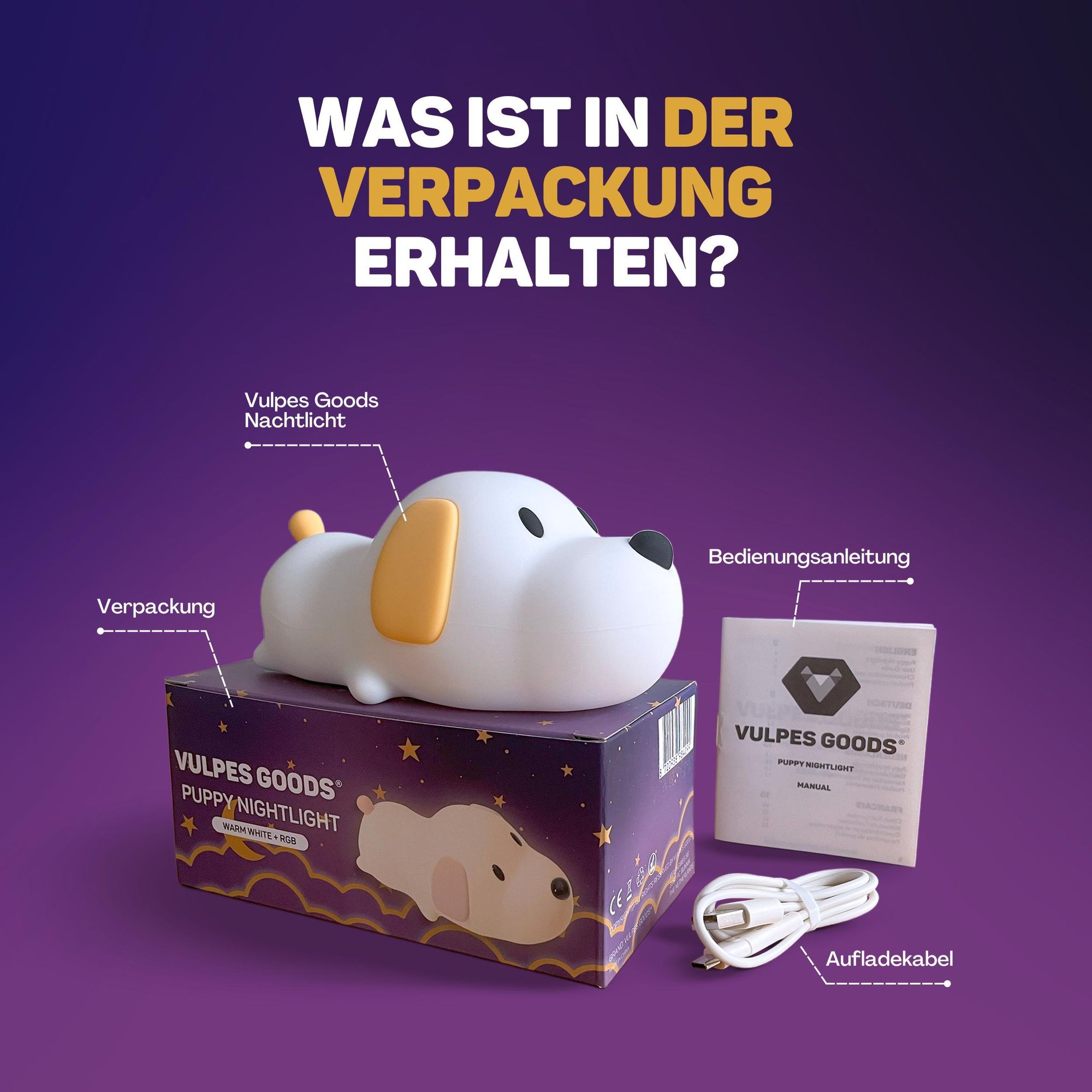 Nachtlicht für Kinder mit Touch-Bedienung und 8 Farben, Silikon-LED-Nachtlicht für das Kinderzimmer, USB-aufladbar, Dimmbar, Timer-Funktion, Welpe