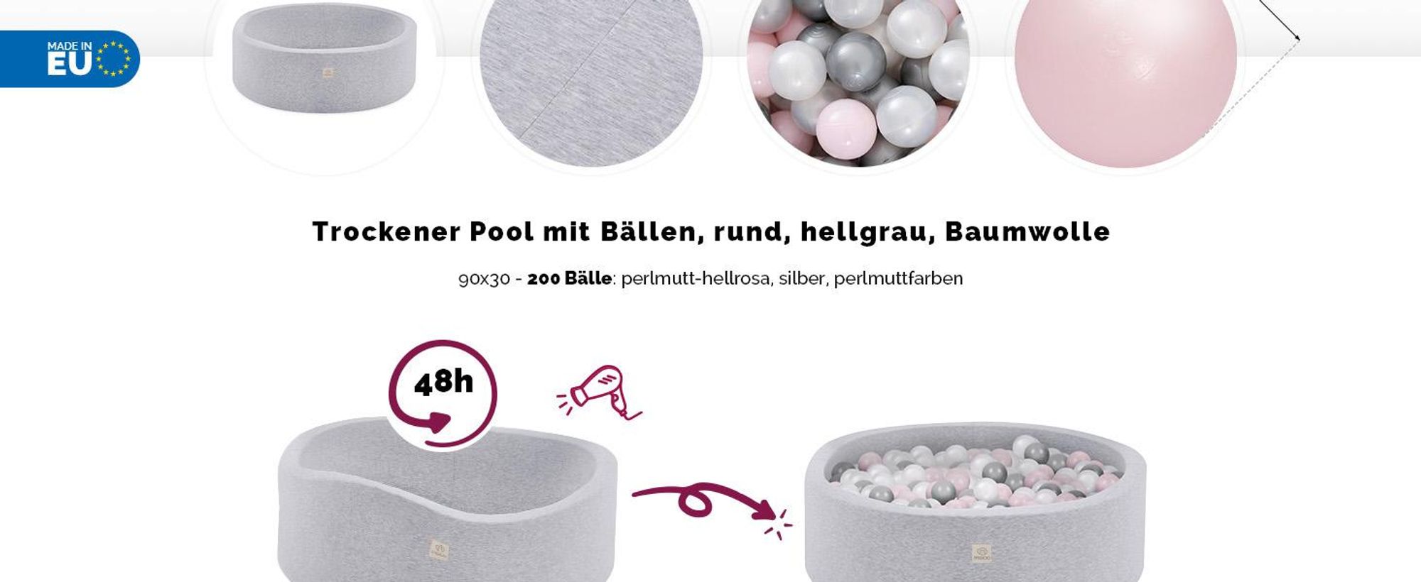 MISIOO Smart Bällebad 90x30 cm/200 Bälle - Bällebader Kinder für Baby Zimmer - Baby Spielzeug - Hellgrau: Hellrosa/Perlen/Silber