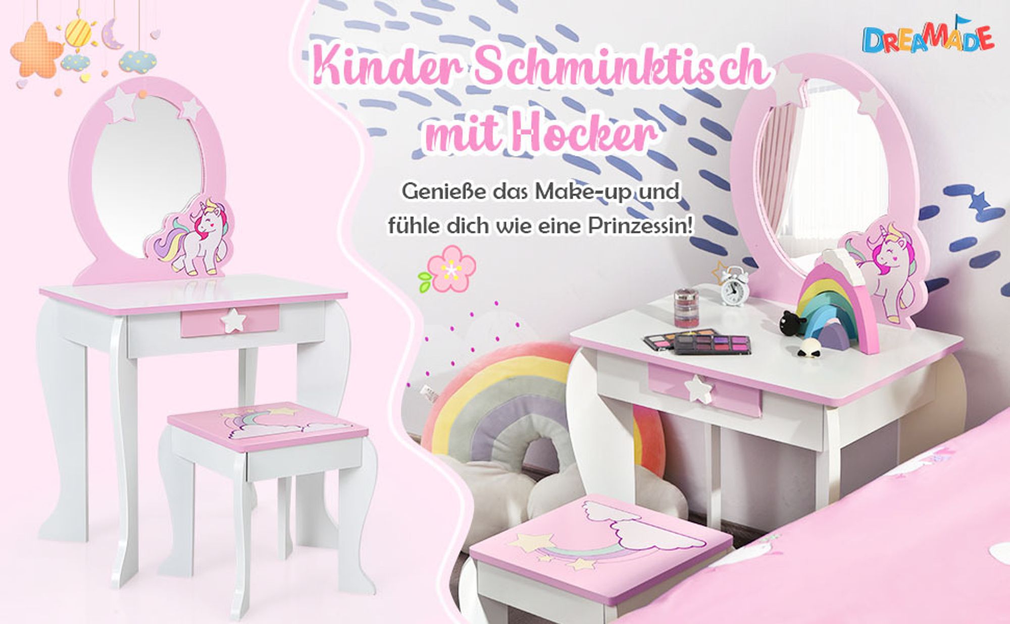 Kinder Schminktisch mit Hocker & Abnehmbarer Spiegel, Frisiertisch für Kinder, Frisierkommode mit Schublade für Mädchen (Weiß)