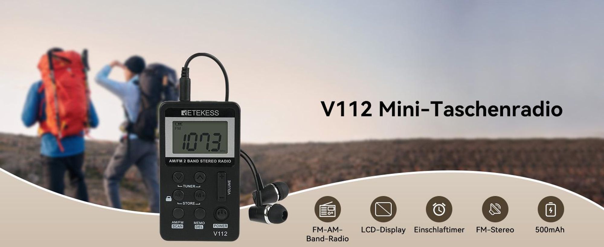 Retekess V112 Radio, mini Radio mit Kopfhörer, Batteriebetrieben, FM AM,Schlaftimer,Wiederaufladbar,LCD,500mAh Akku, für Laufen, Reisen, Angeln
