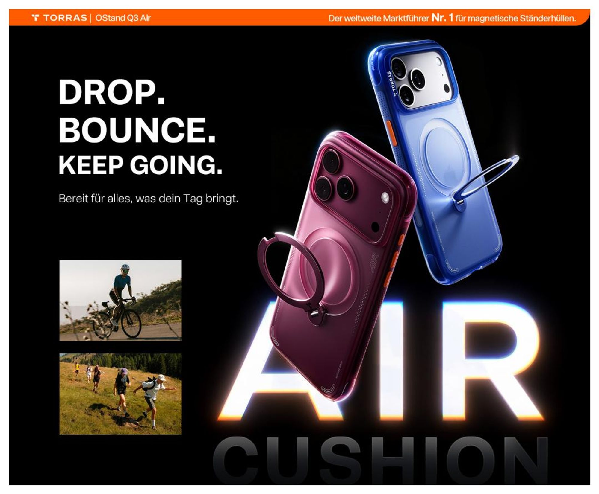 TORRAS Ostand Q3 Air Hülle für iPhone 18 Pro Handyhülle mit Airbag-Schutz & integriertem Ständer, Hellblau