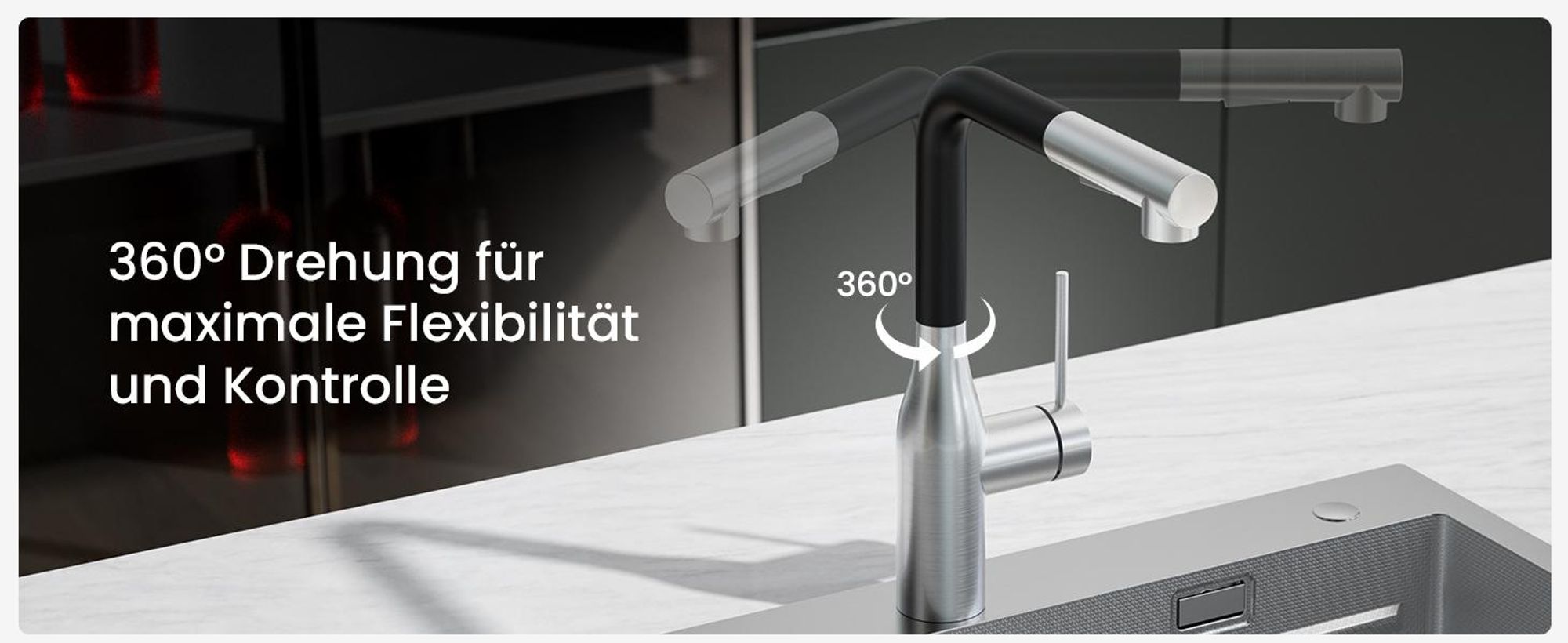 CECIPA MAX Wasserhahn Küche Ausziehbar, Hochdruck Küchenarmatur Schwarz und Edelstahl, 360° Schwenk Armatur Küche, Robust & Leckagefrei