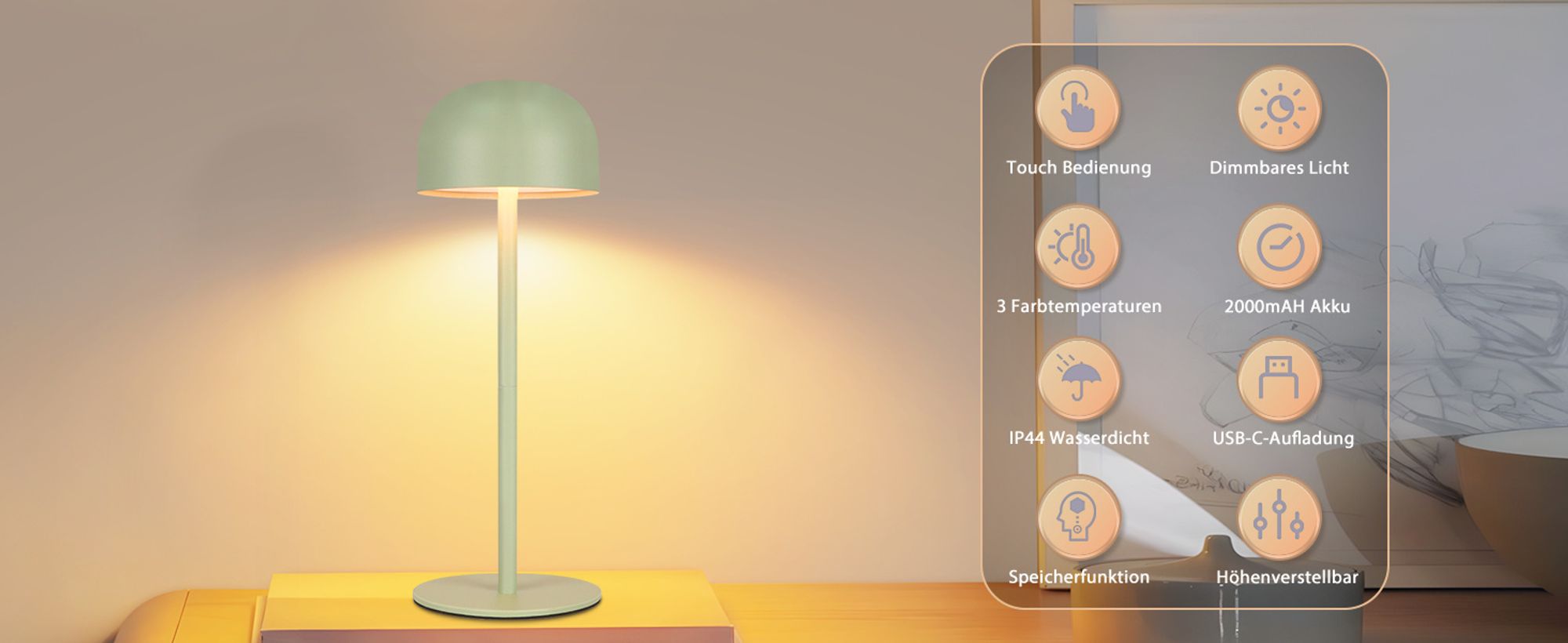 ZMH 2ER LED nachttischlampe Touch Dimmbar Tischleuchte Grün Kabellos USB Tischlampe Akku mit 3 Farbtemperaturen Aufladbar Höhenverstellbar