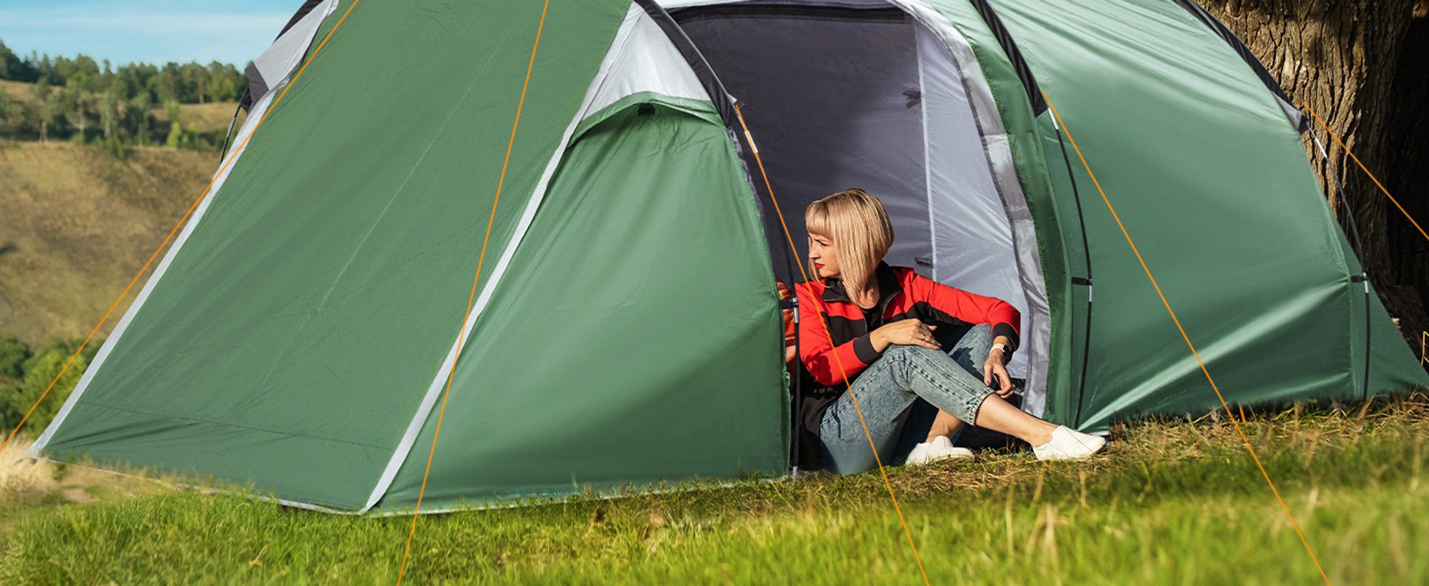 Outsunny Zelt für 2 Personen 190T Tunnelzelt Campingzelt Glasfaser Dunkelgrün