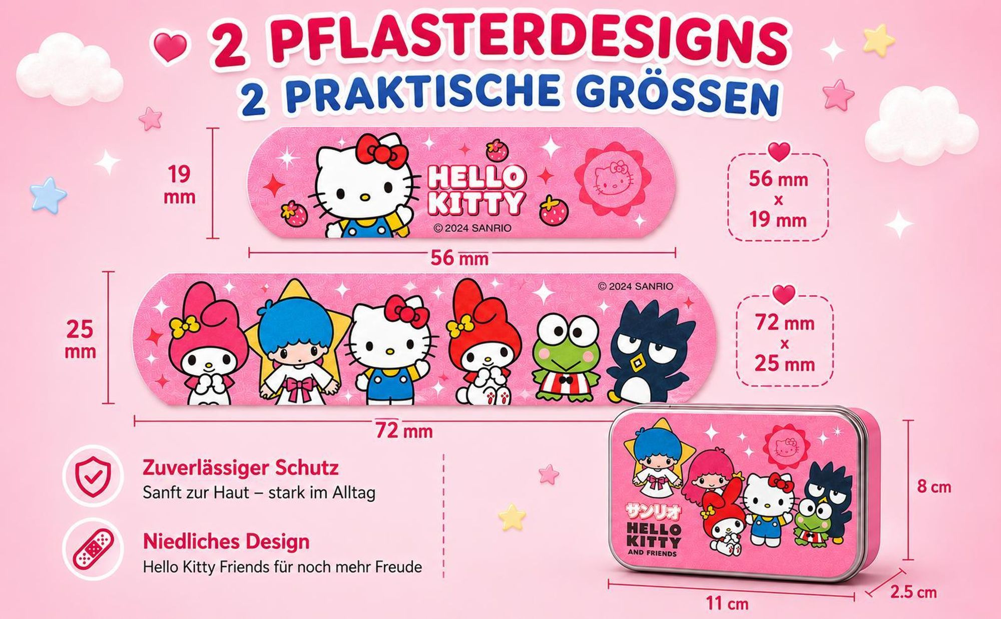 Hello Kitty Friends Kinderpflaster Lizensiertes Produkt - Metall-Box - 24 Pflaster - Schönes Design Pflaster Aufbewahrungsbox für Kinder - 1 Box