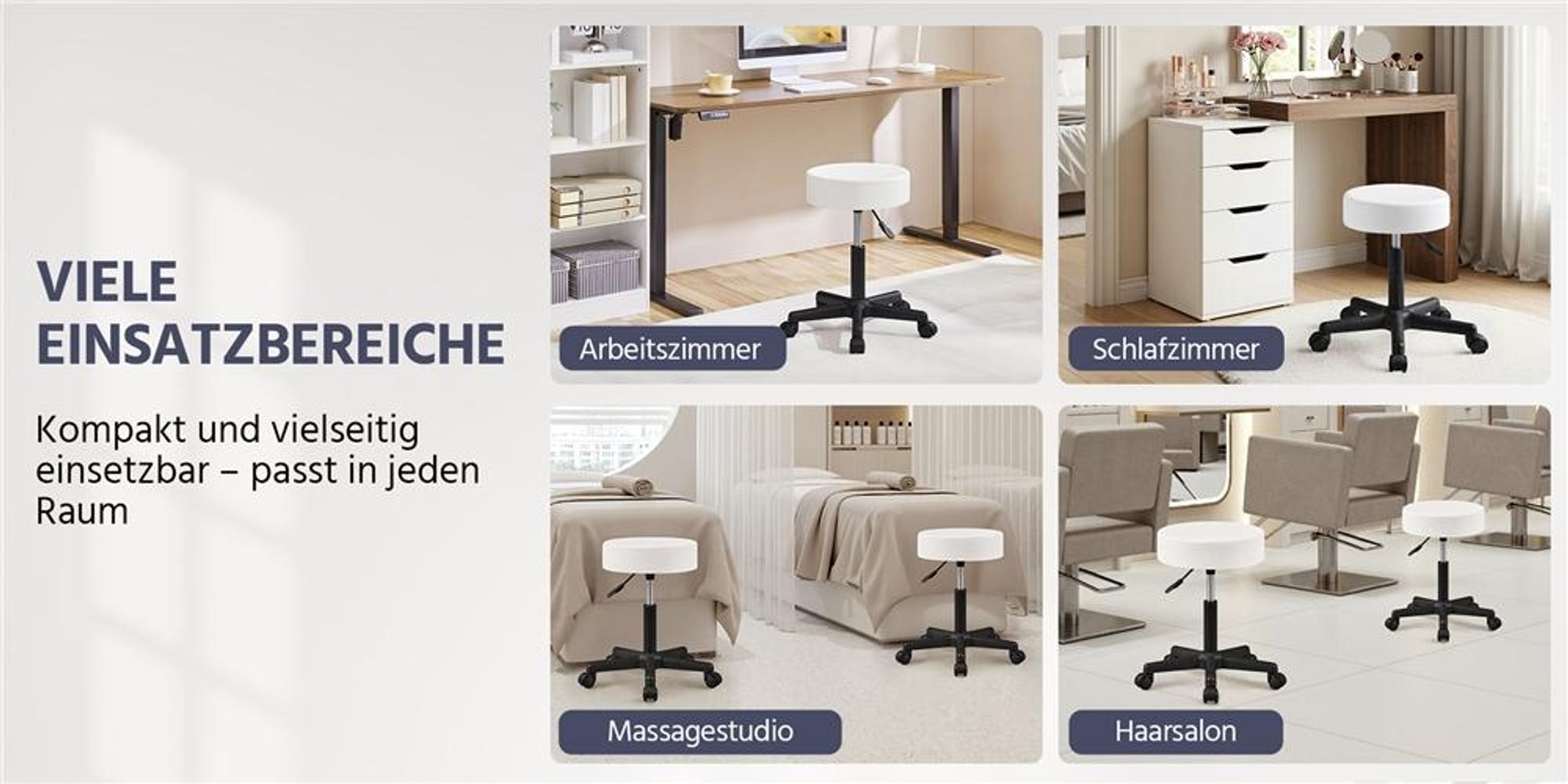 Yaheetech Rollhocker Drehhocker, höhenverstellbarer Arbeitshocker, Drehstuhl mit Rollen, Praxishocker Kosmetikhocker, bis 150 kg, Weiß