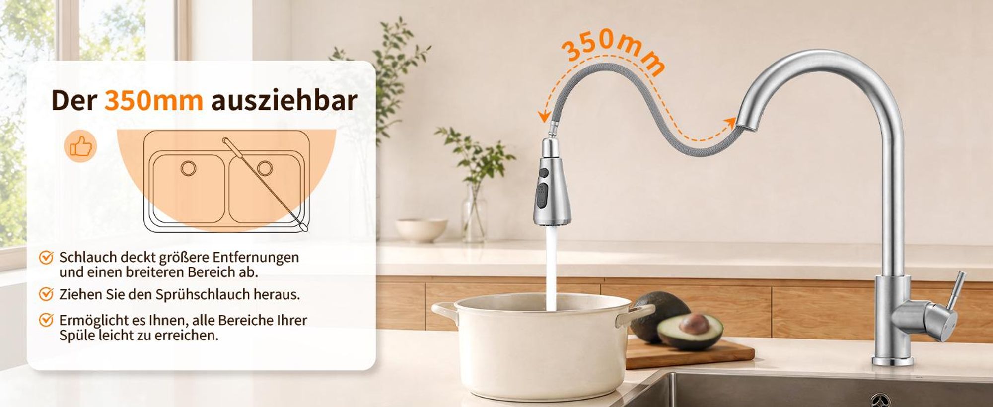 Homelody Wasserhahn Küche Edelstahl，Küchenarmatur 360°Schwenkbar，Armatur Küche 3 Strahlarten Geschirrbrause，Hochdruck Mischbatterie Küche mit Brause