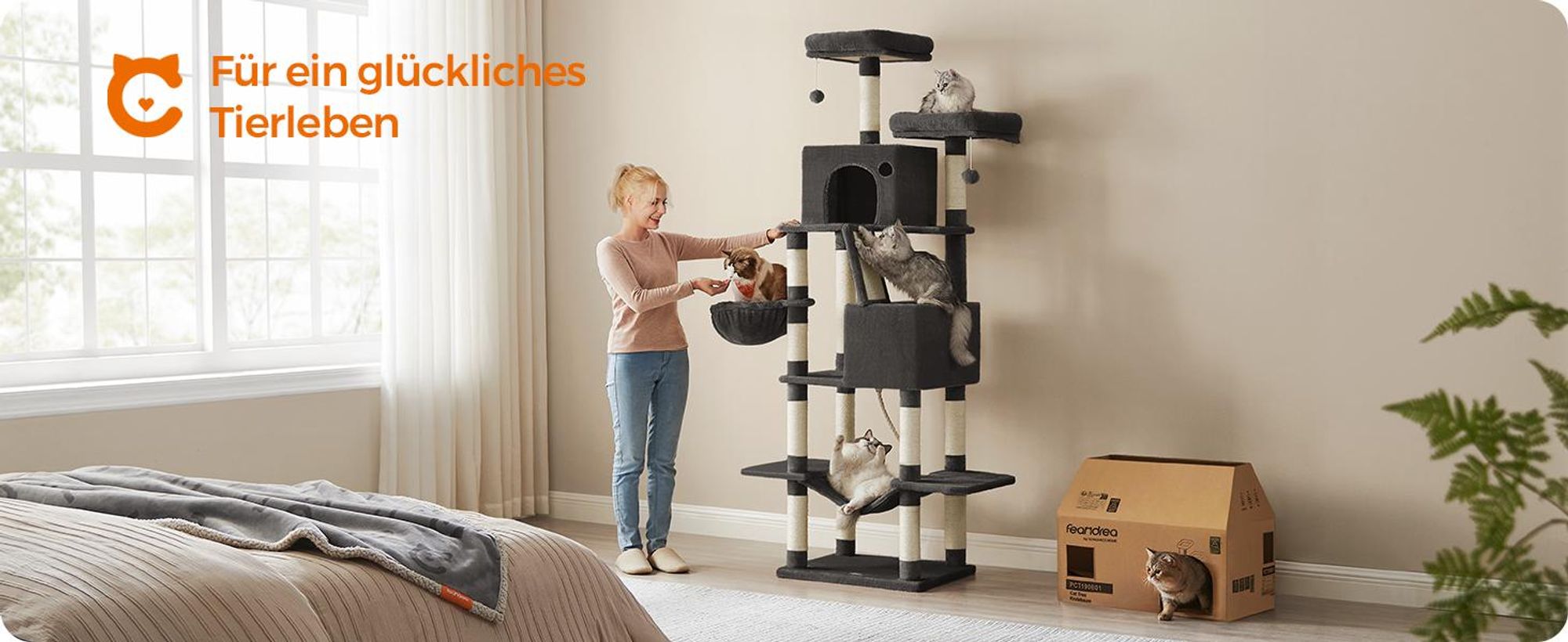 Feandrea Kratzbaum 206 cm, XXL, mit 13 Kratzsäulen, 2 Plattformen Tintenschwarz