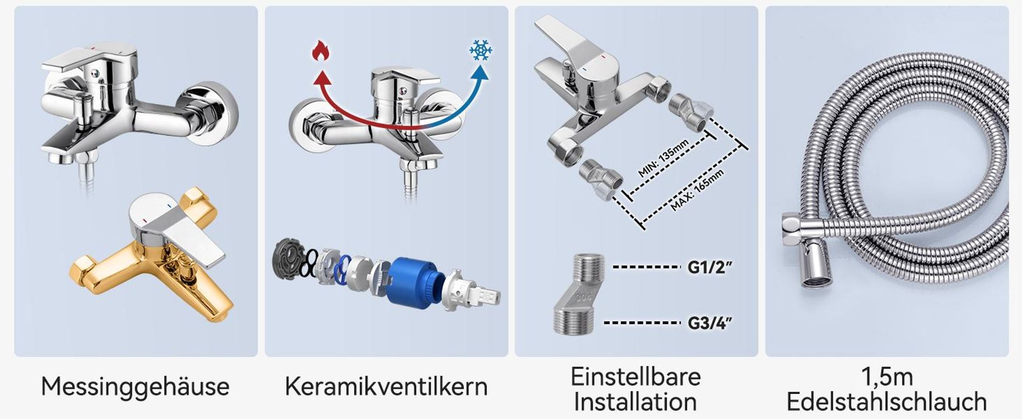 Badewannenarmatur, Badewanne Duschset, Duschsystem Duschset, Badewannen Amaturen Set, 5 Funktionen, mit Duschbrause und 1.5m Schlauch
