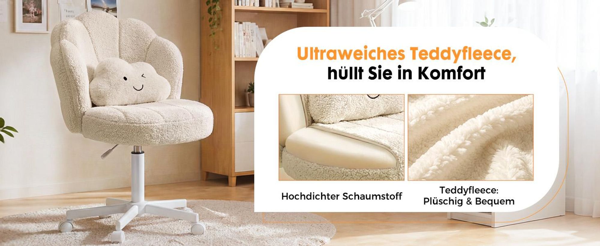 COMHOMA Bürostuhl Schreibtischstuhl, Schminkstuhl mit Rollen Doppelter Rückenlehne und Wolkenkissen, Höhenverstellbarer Drehstuhl, Teddystoff, Beige